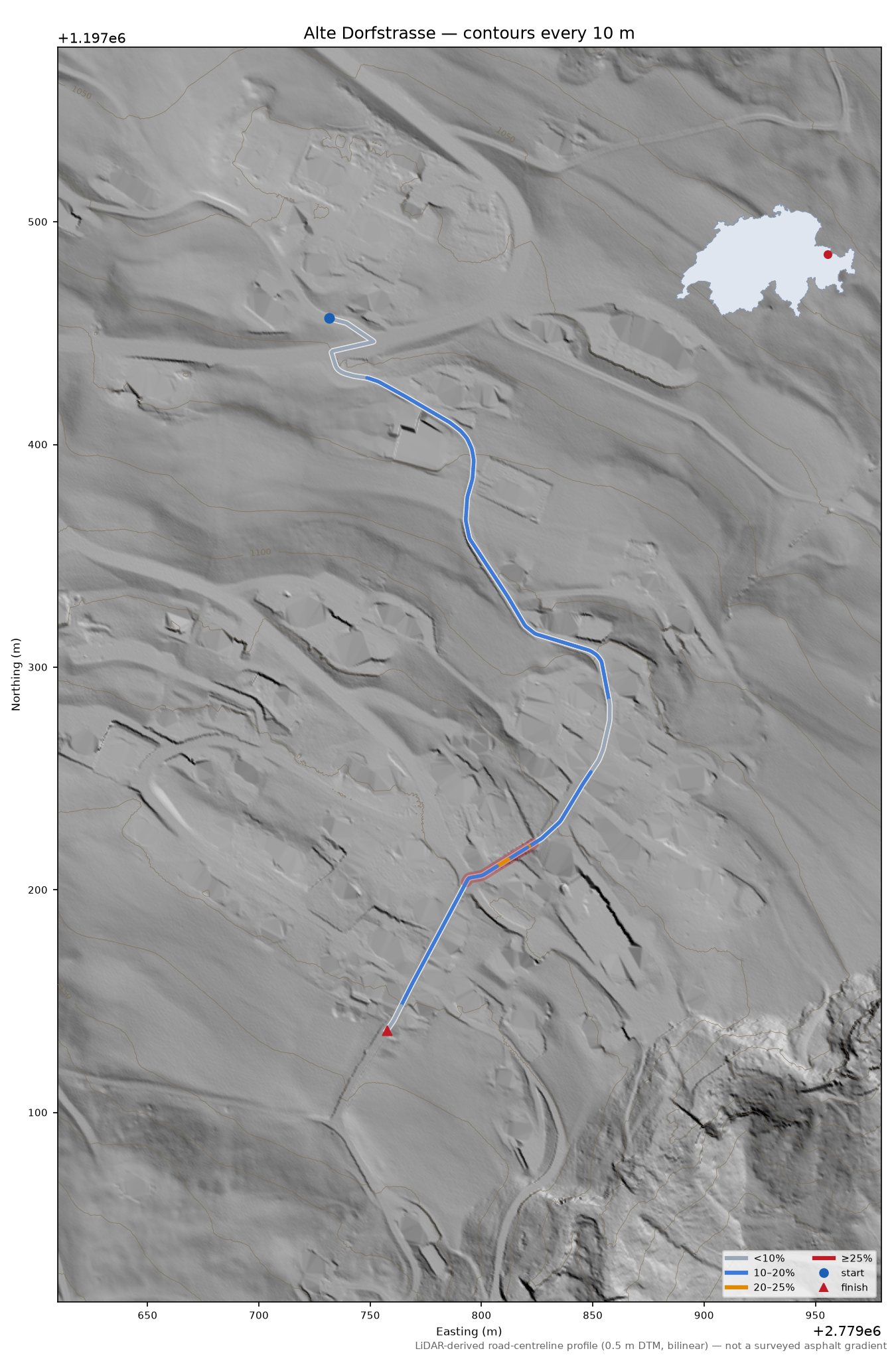 Alte Dorfstrasse LiDAR hillshade map with contours