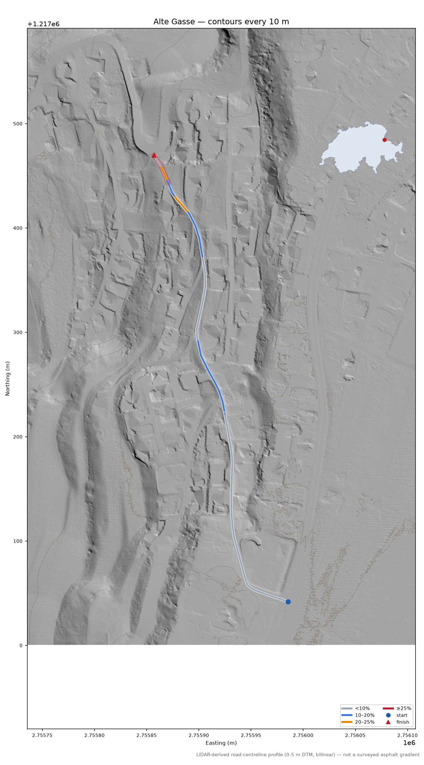 Alte Gasse LiDAR hillshade map with contours