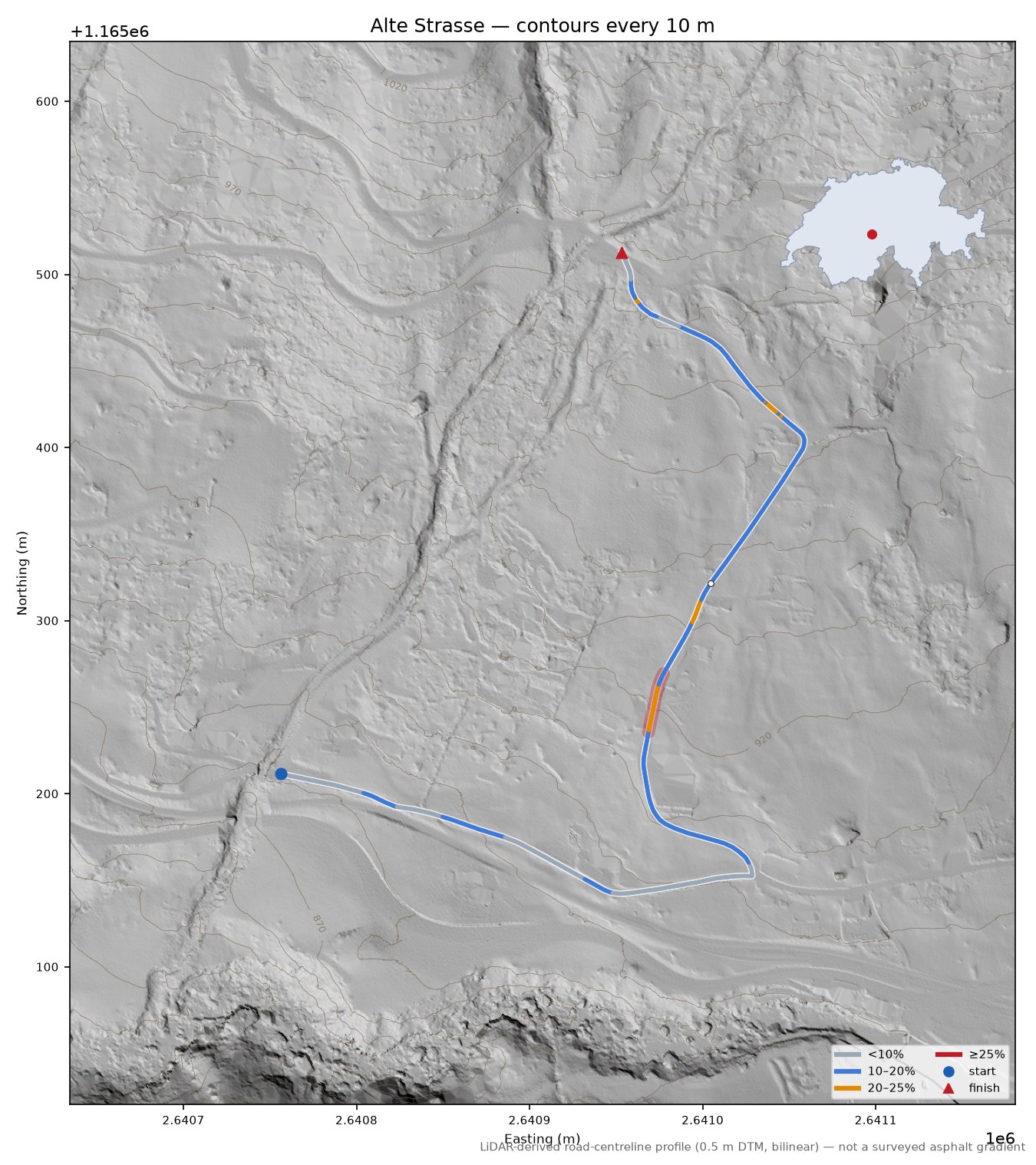 Alte Strasse LiDAR hillshade map with contours