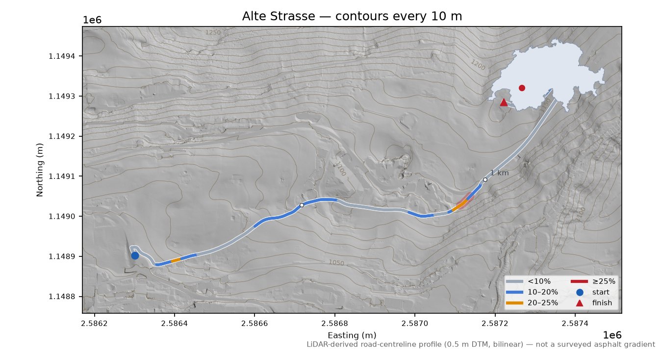 Alte Strasse LiDAR hillshade map with contours