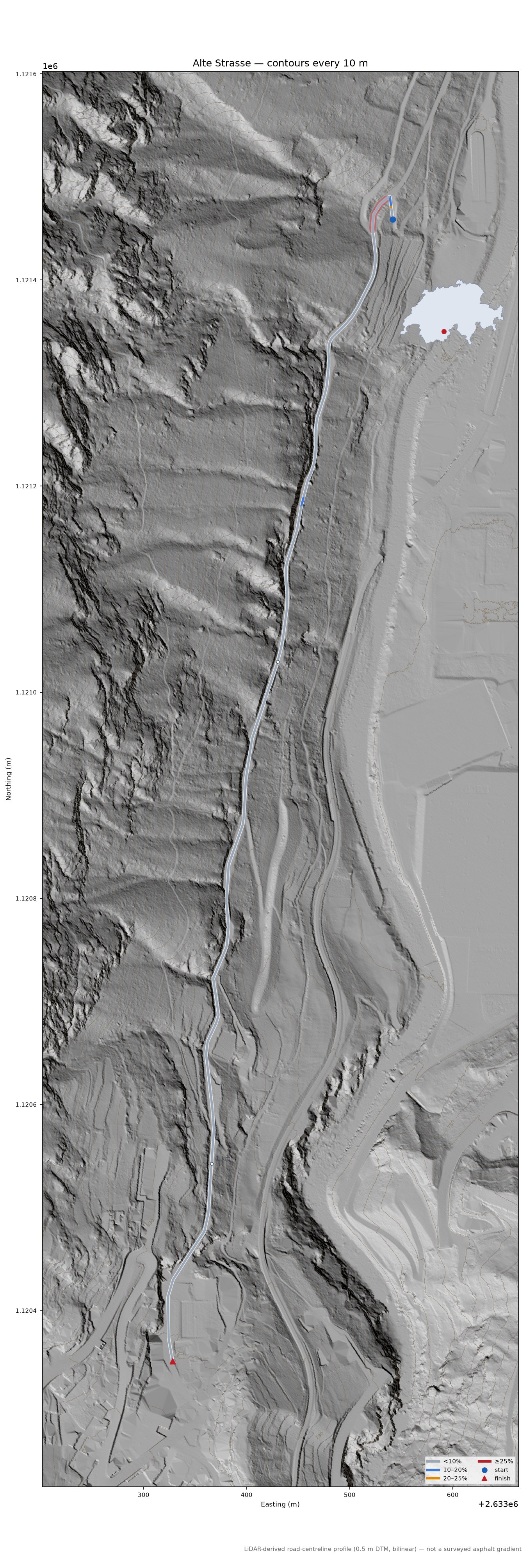 Alte Strasse LiDAR hillshade map with contours