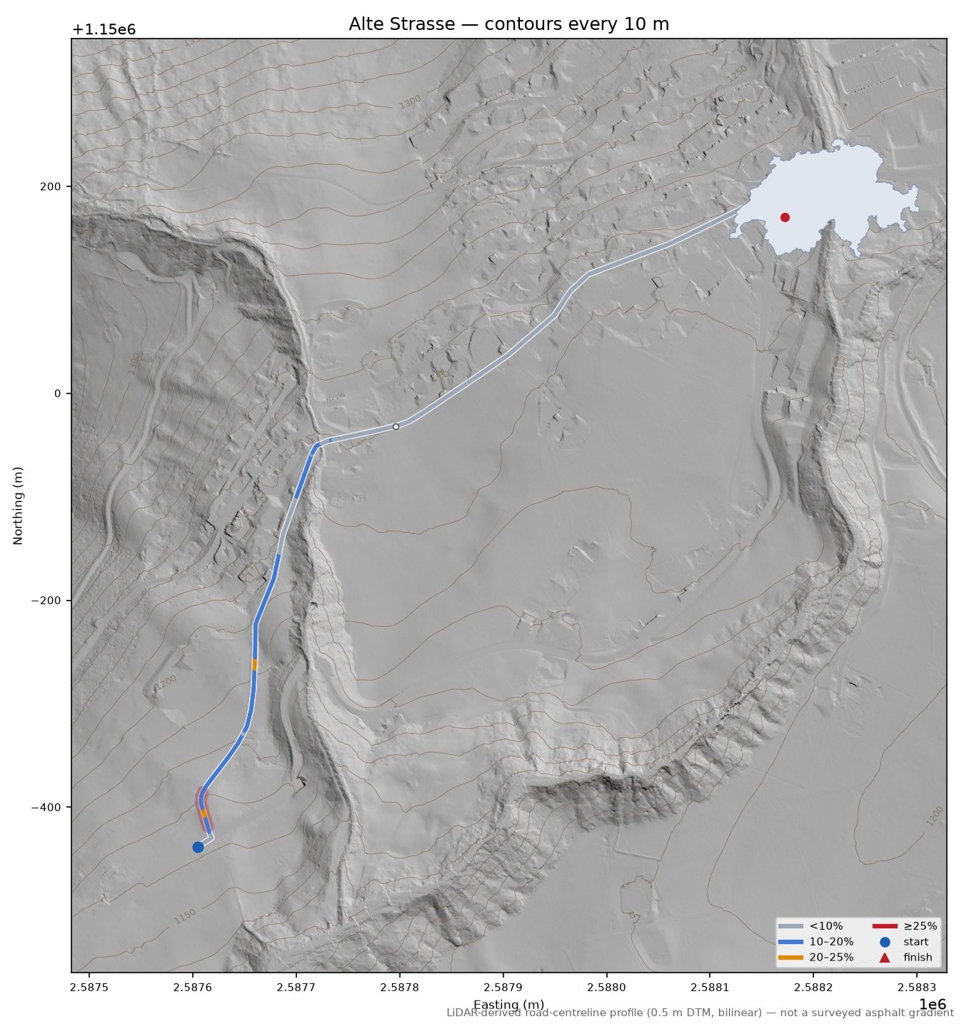 Alte Strasse LiDAR hillshade map with contours