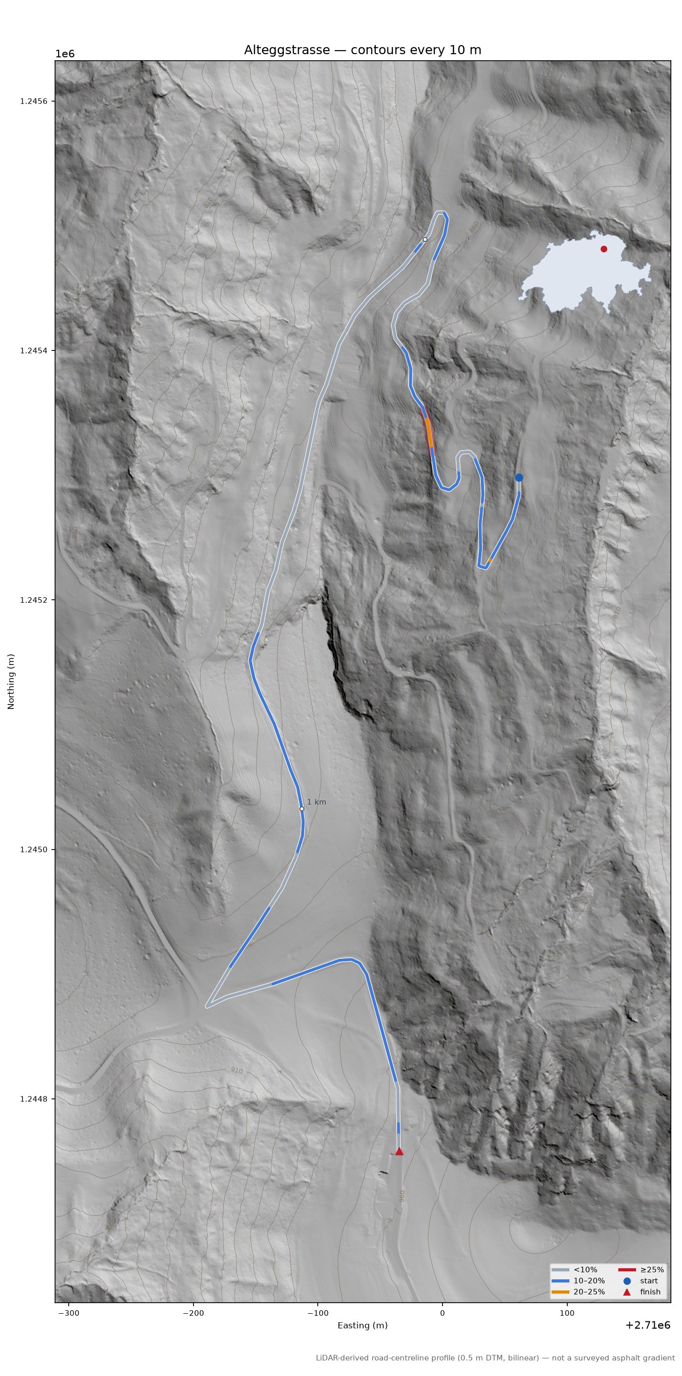 Alteggstrasse LiDAR hillshade map with contours