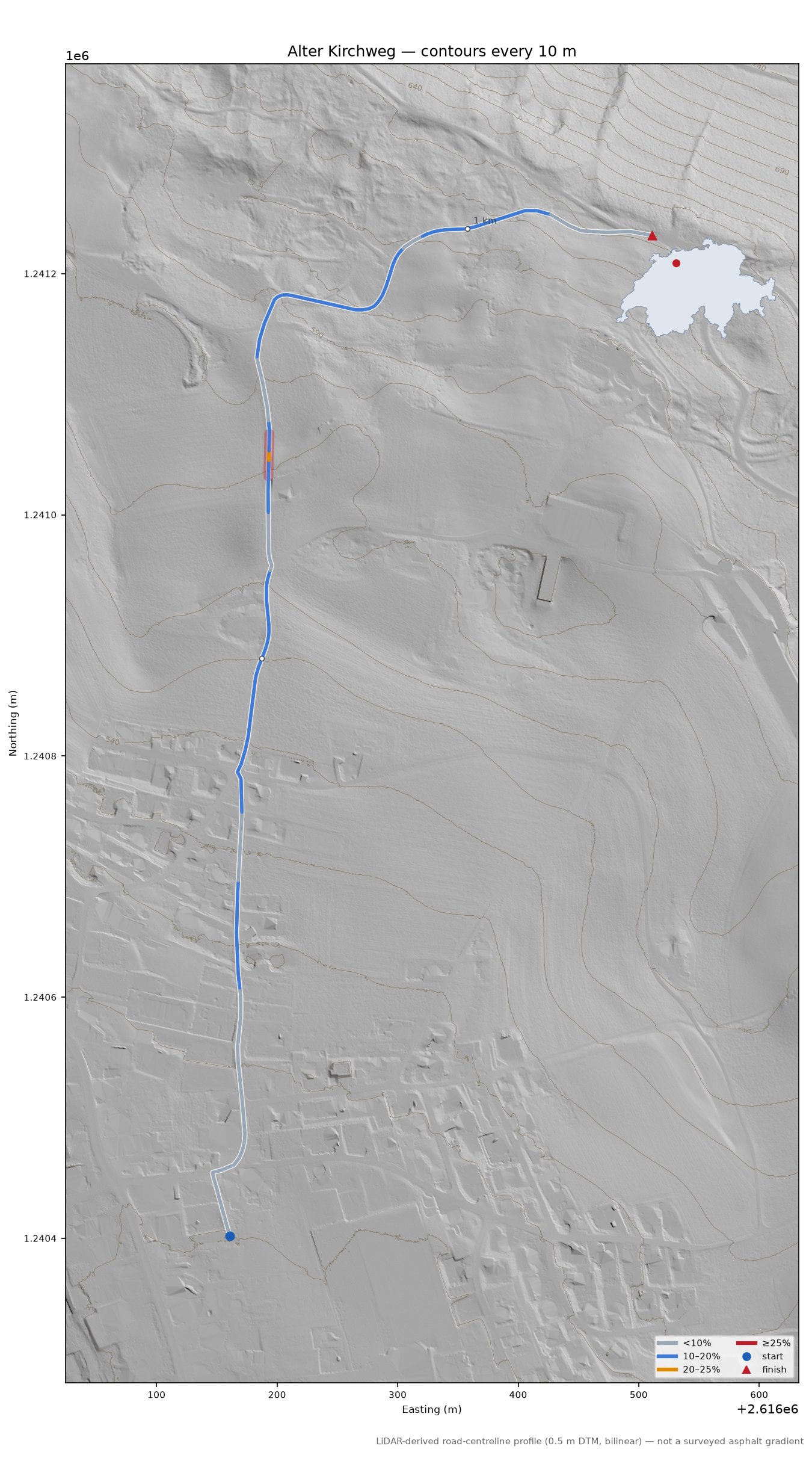 Alter Kirchweg LiDAR hillshade map with contours