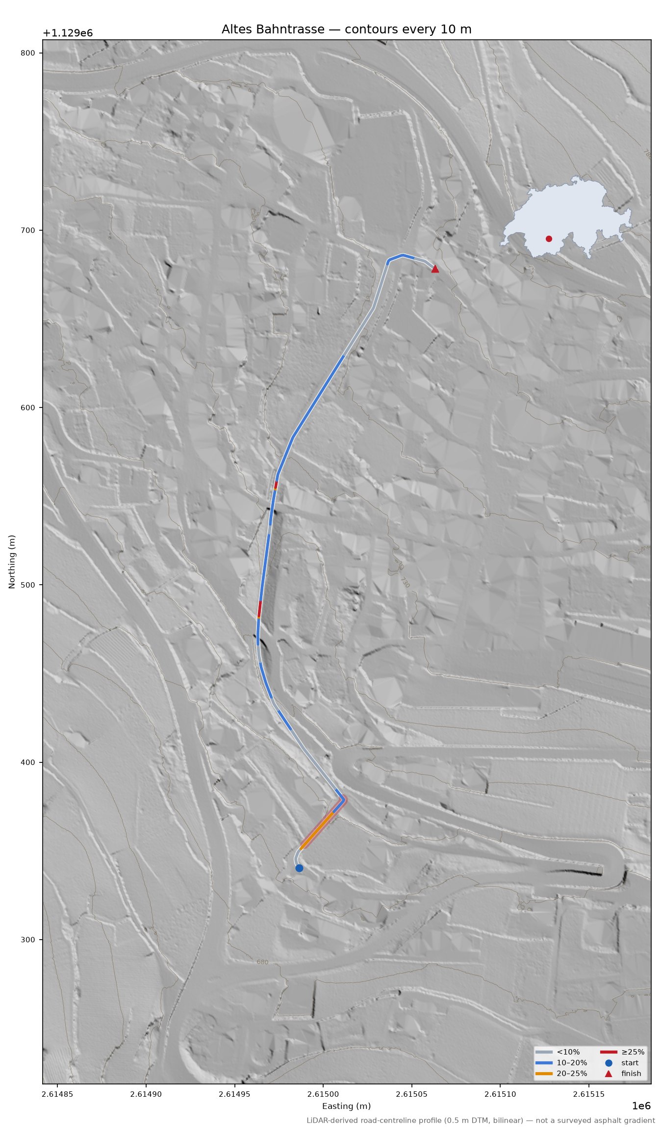 Altes Bahntrasse LiDAR hillshade map with contours