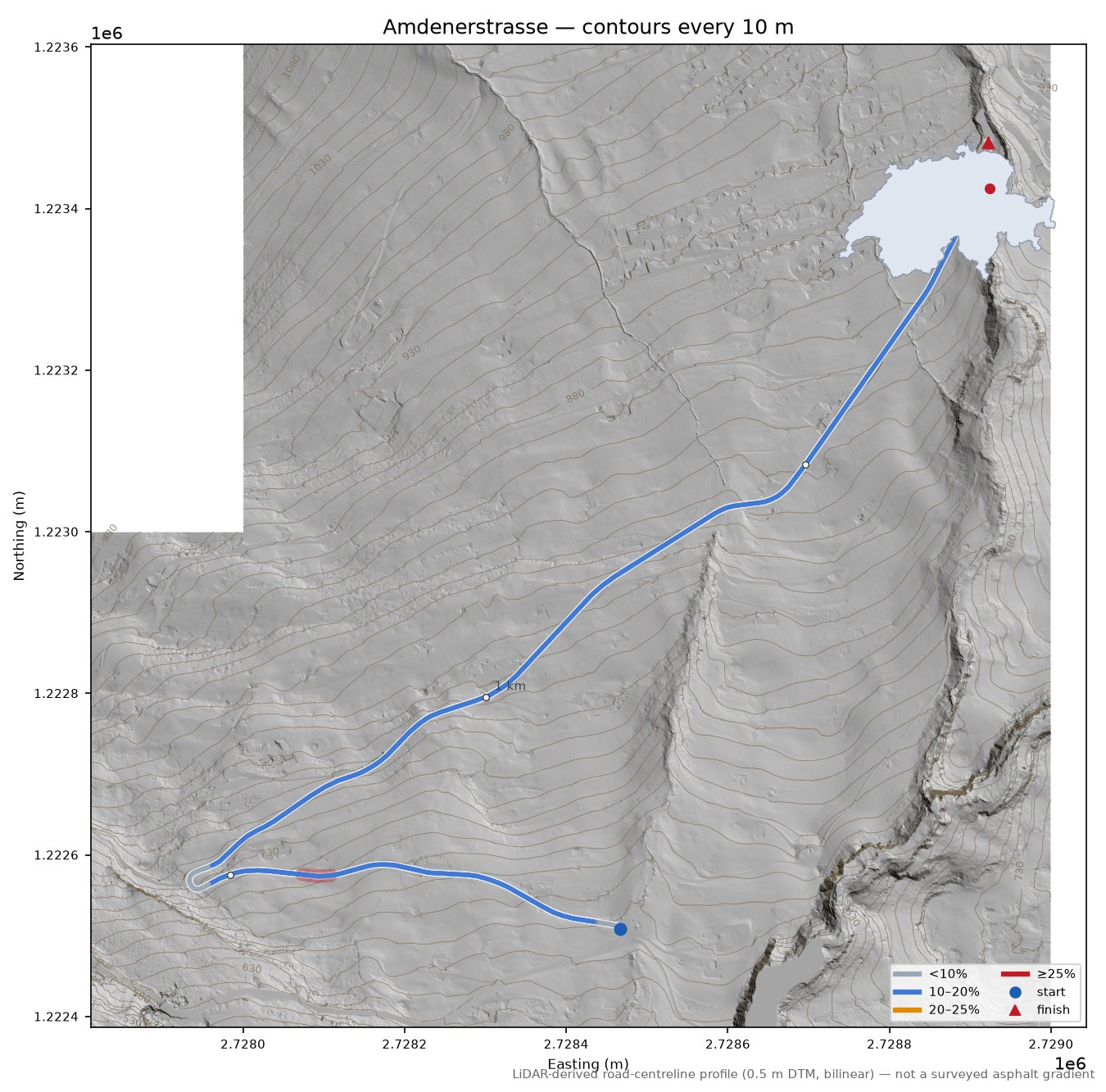 Amdenerstrasse LiDAR hillshade map with contours