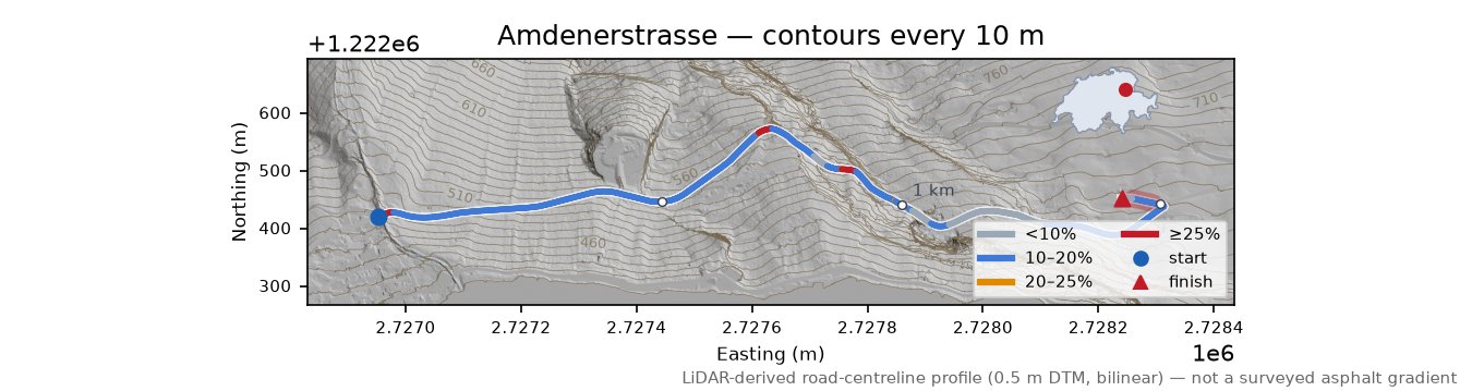 Amdenerstrasse LiDAR hillshade map with contours