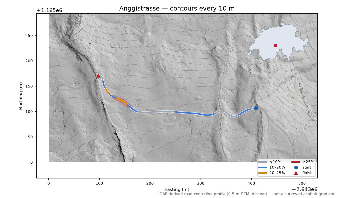Anggistrasse LiDAR hillshade map with contours
