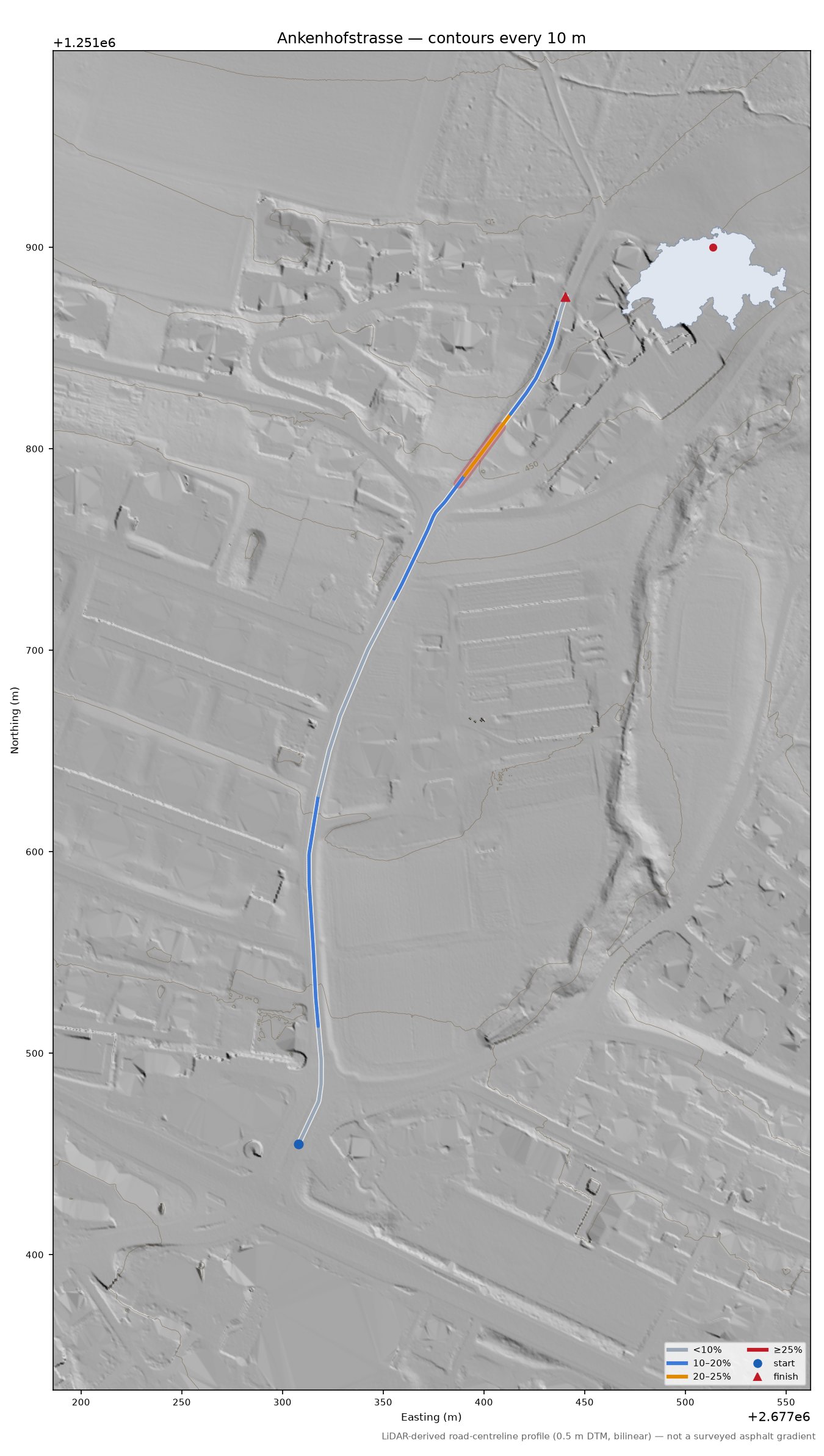 Ankenhofstrasse LiDAR hillshade map with contours