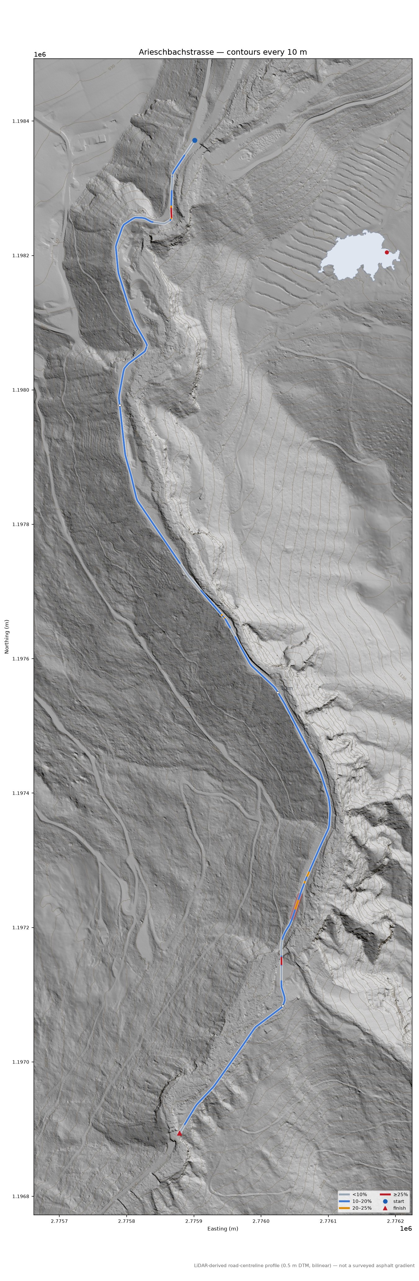 Arieschbachstrasse LiDAR hillshade map with contours