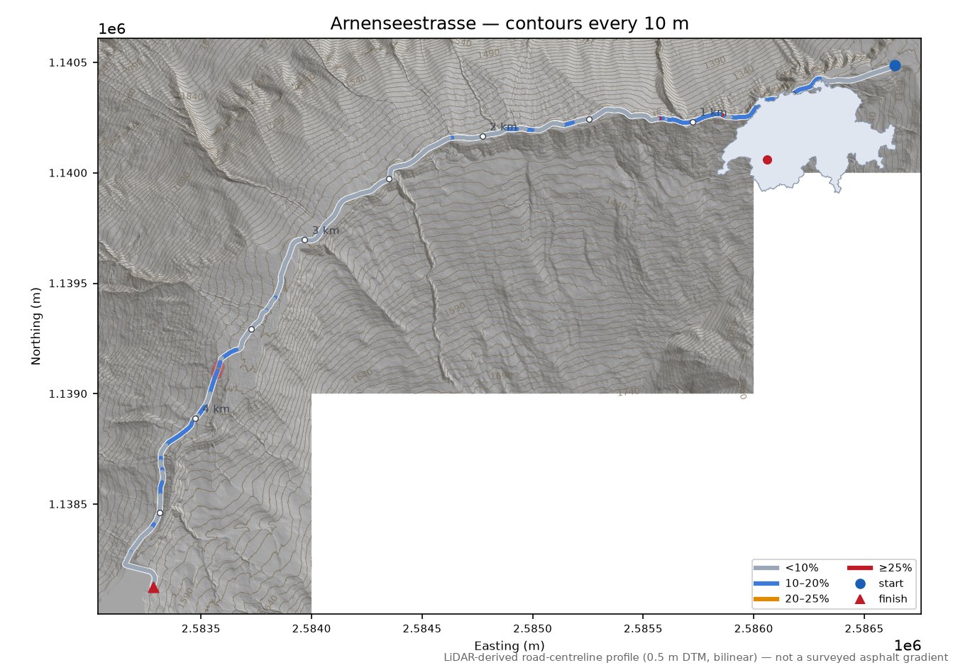 Arnenseestrasse LiDAR hillshade map with contours