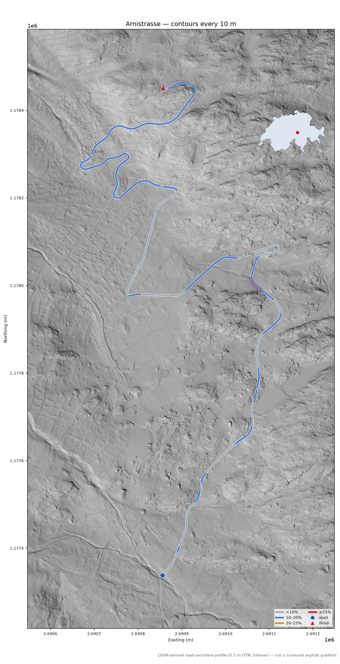 Arnistrasse LiDAR hillshade map with contours