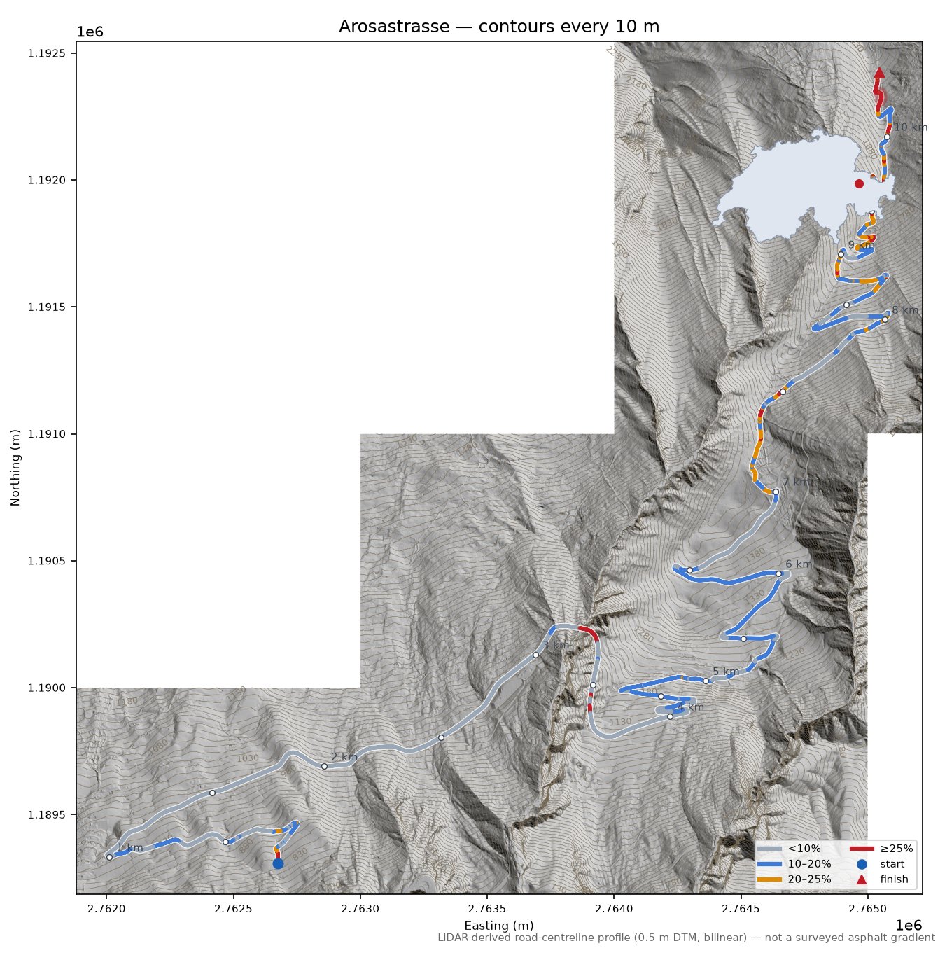 Arosastrasse LiDAR hillshade map with contours