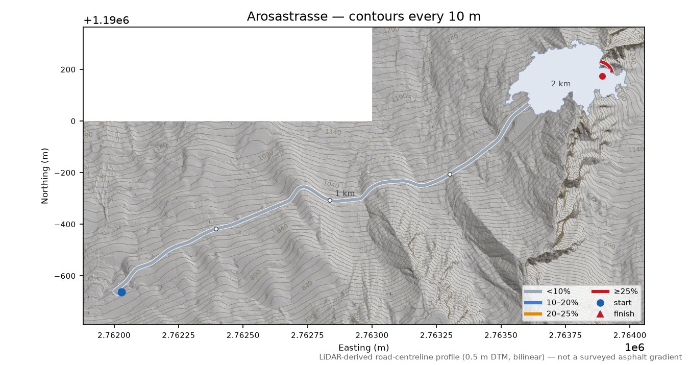 Arosastrasse LiDAR hillshade map with contours