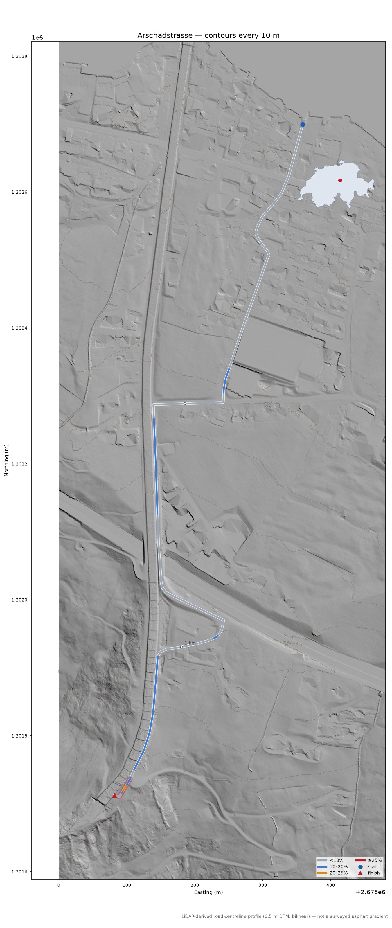 Arschadstrasse LiDAR hillshade map with contours