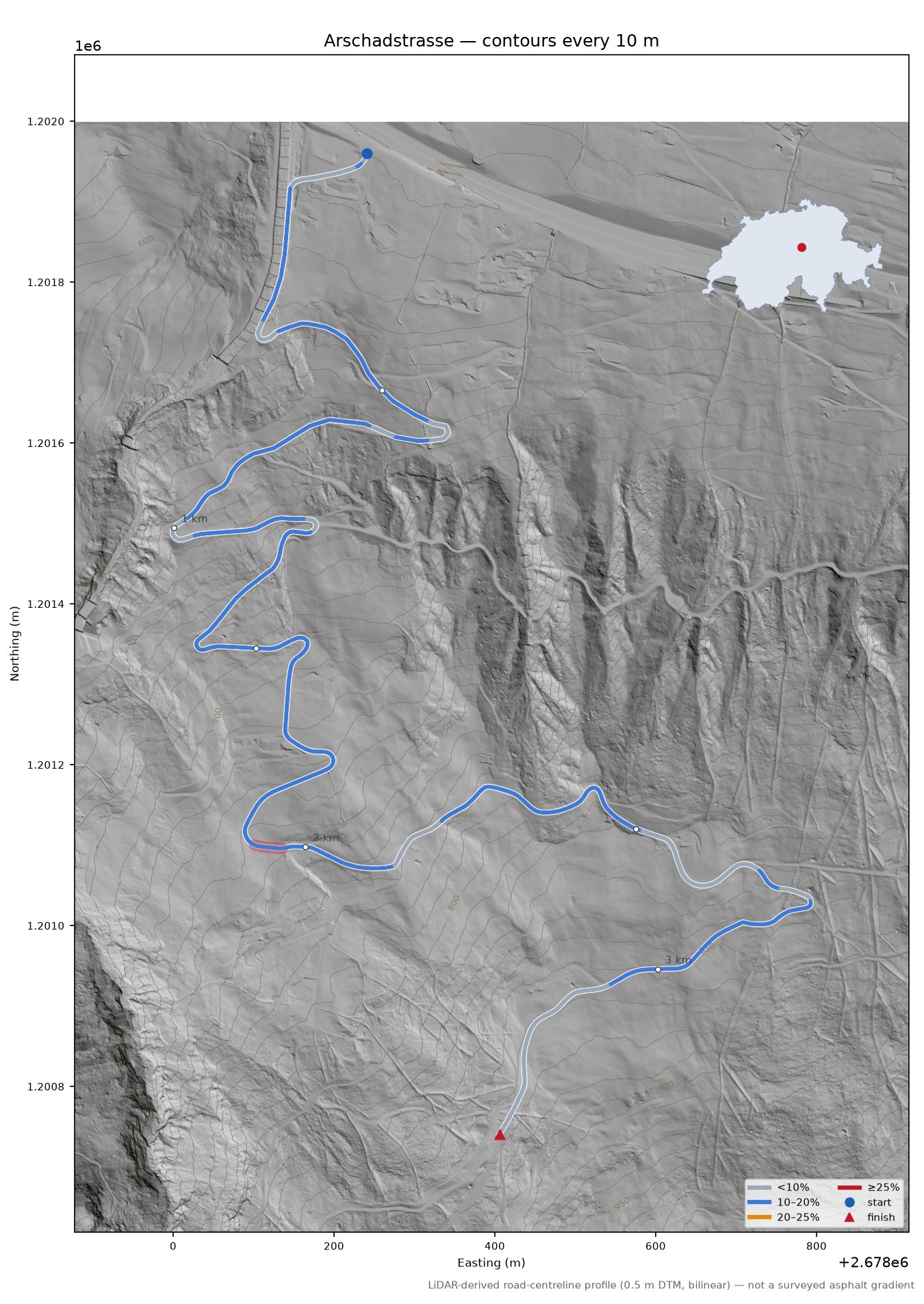Arschadstrasse LiDAR hillshade map with contours