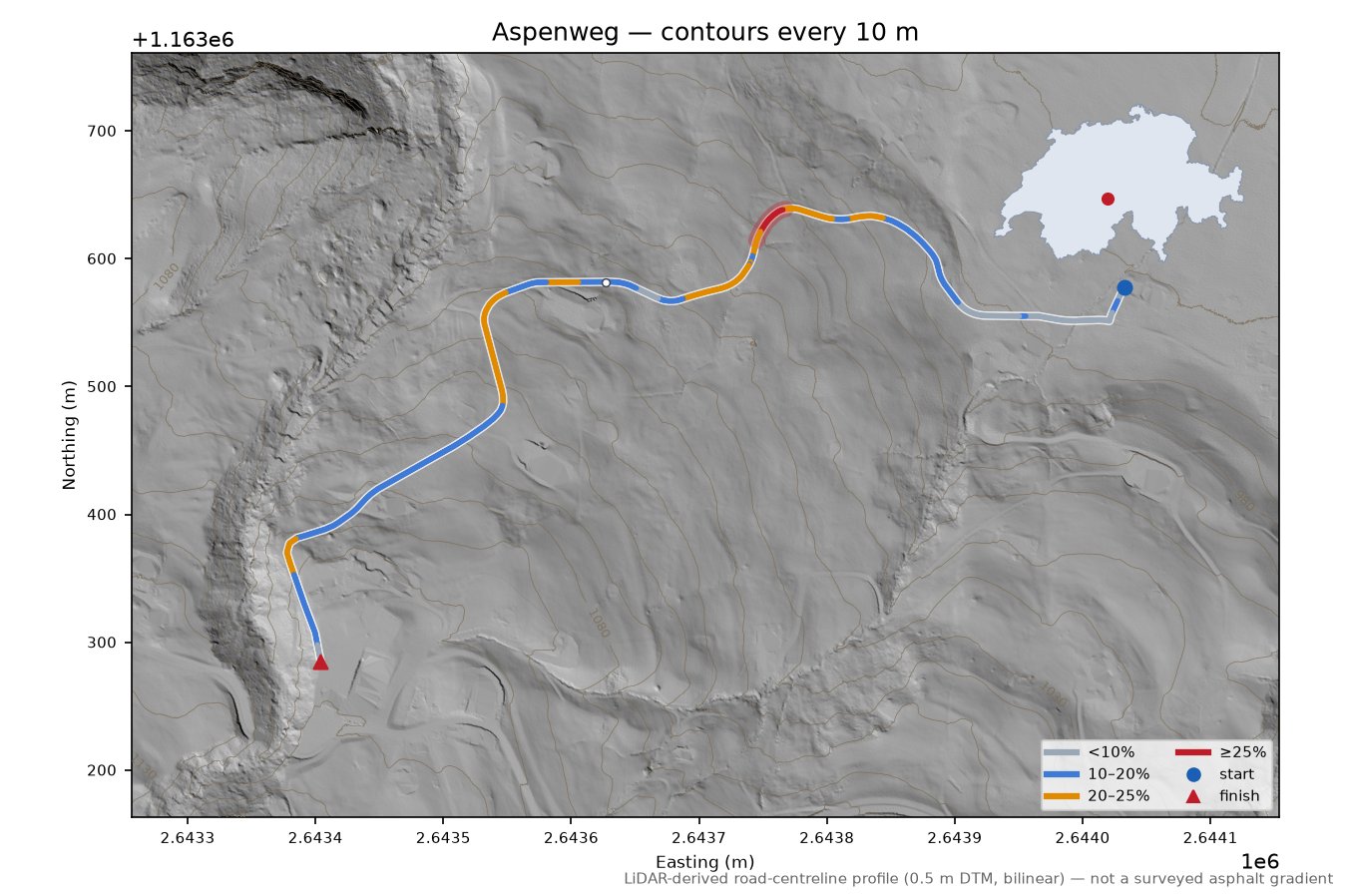 Aspenweg LiDAR hillshade map with contours