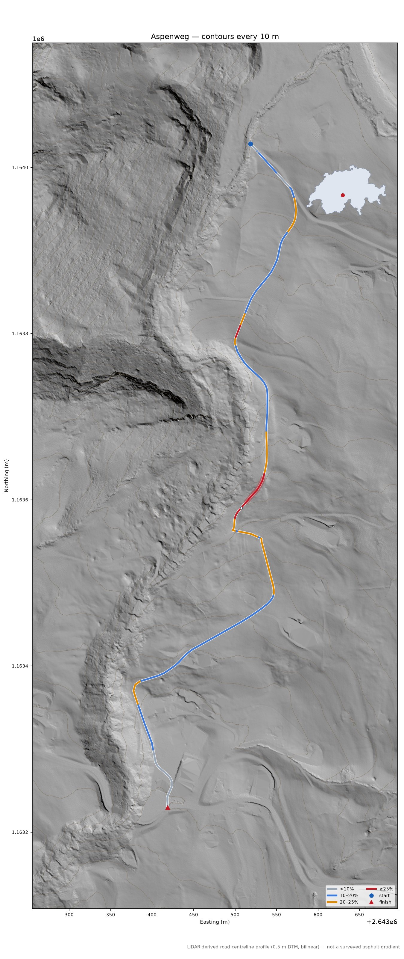 Aspenweg LiDAR hillshade map with contours