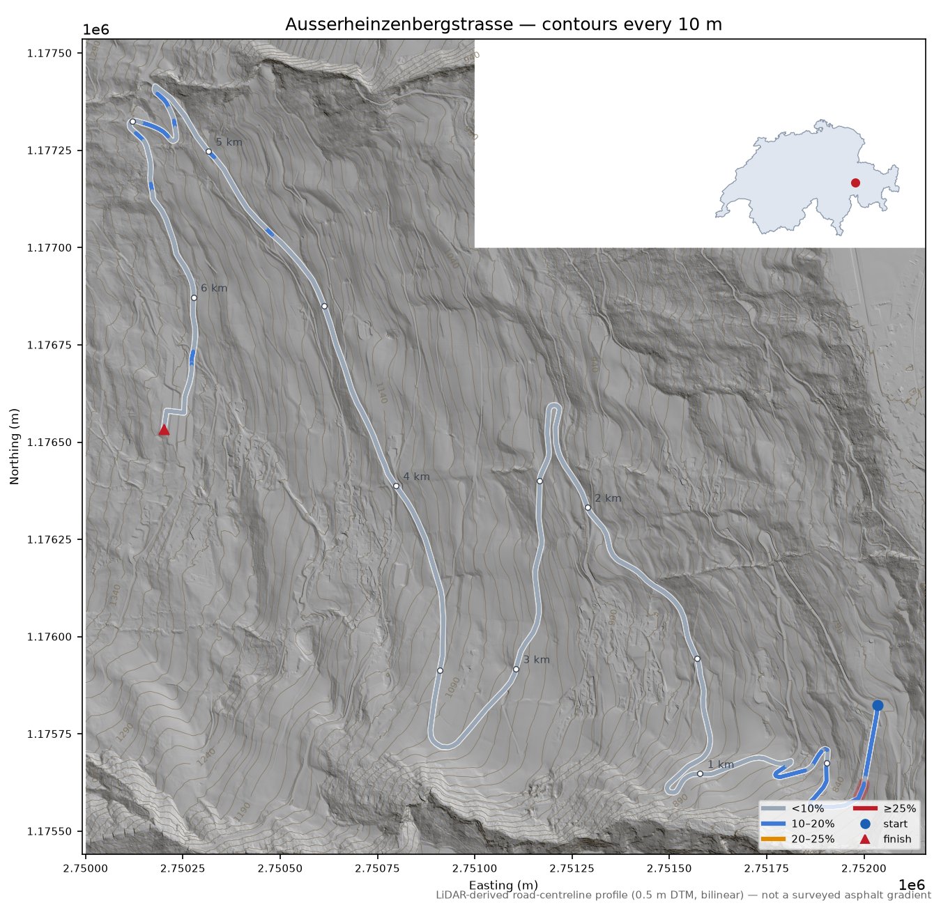 Ausserheinzenbergstrasse LiDAR hillshade map with contours