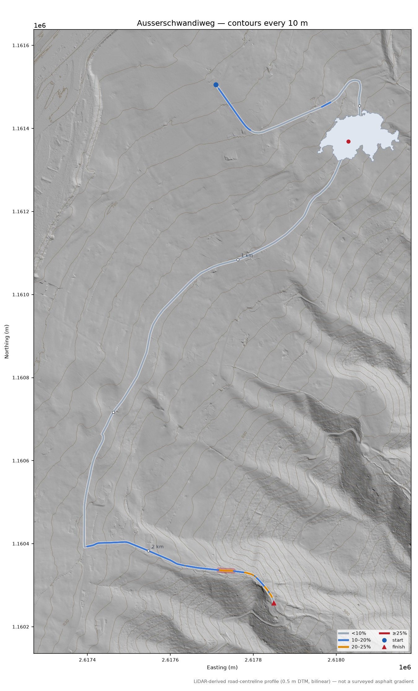 Ausserschwandiweg LiDAR hillshade map with contours