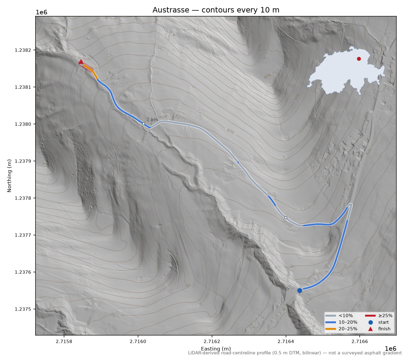 Austrasse LiDAR hillshade map with contours
