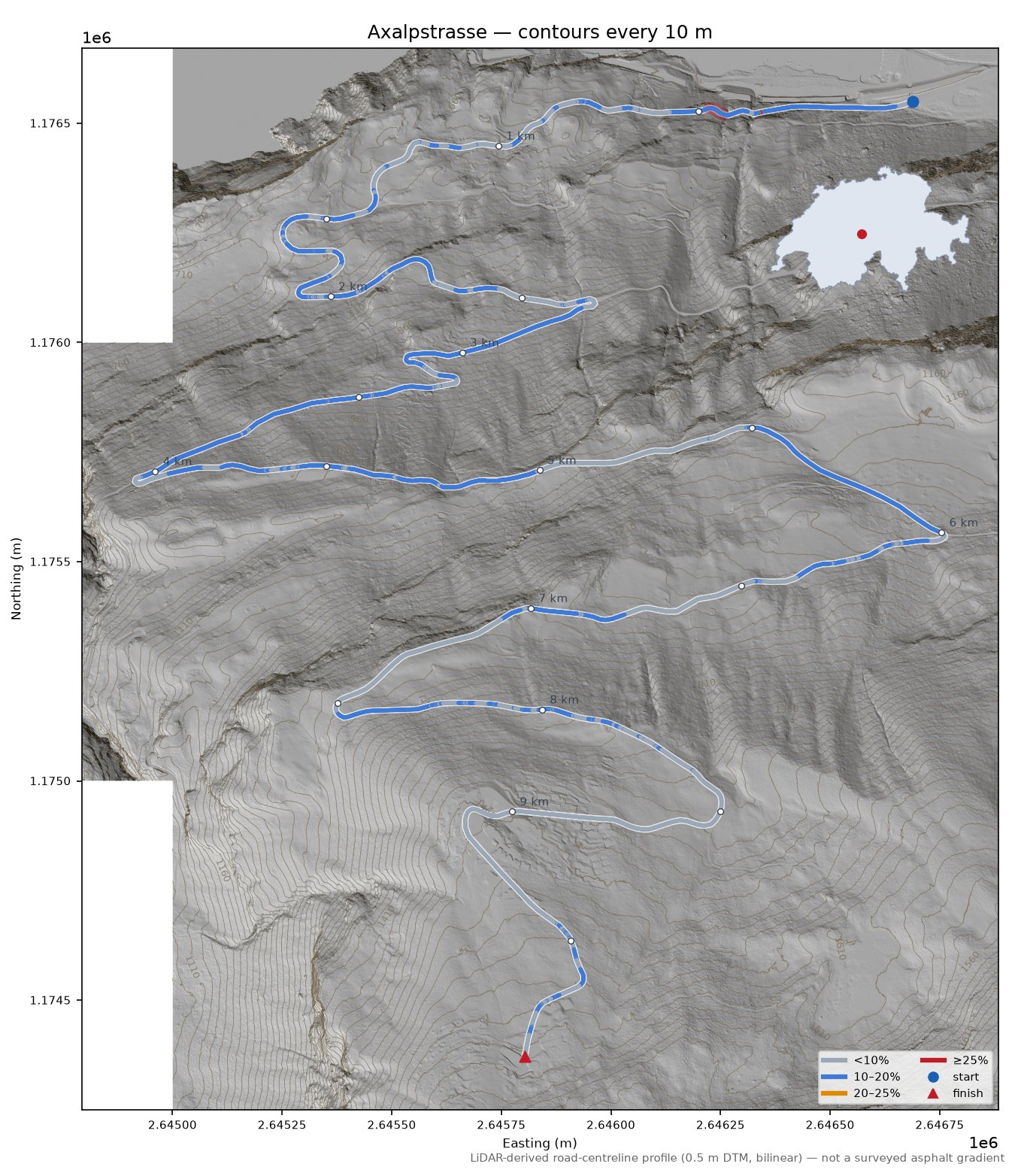 Axalpstrasse LiDAR hillshade map with contours