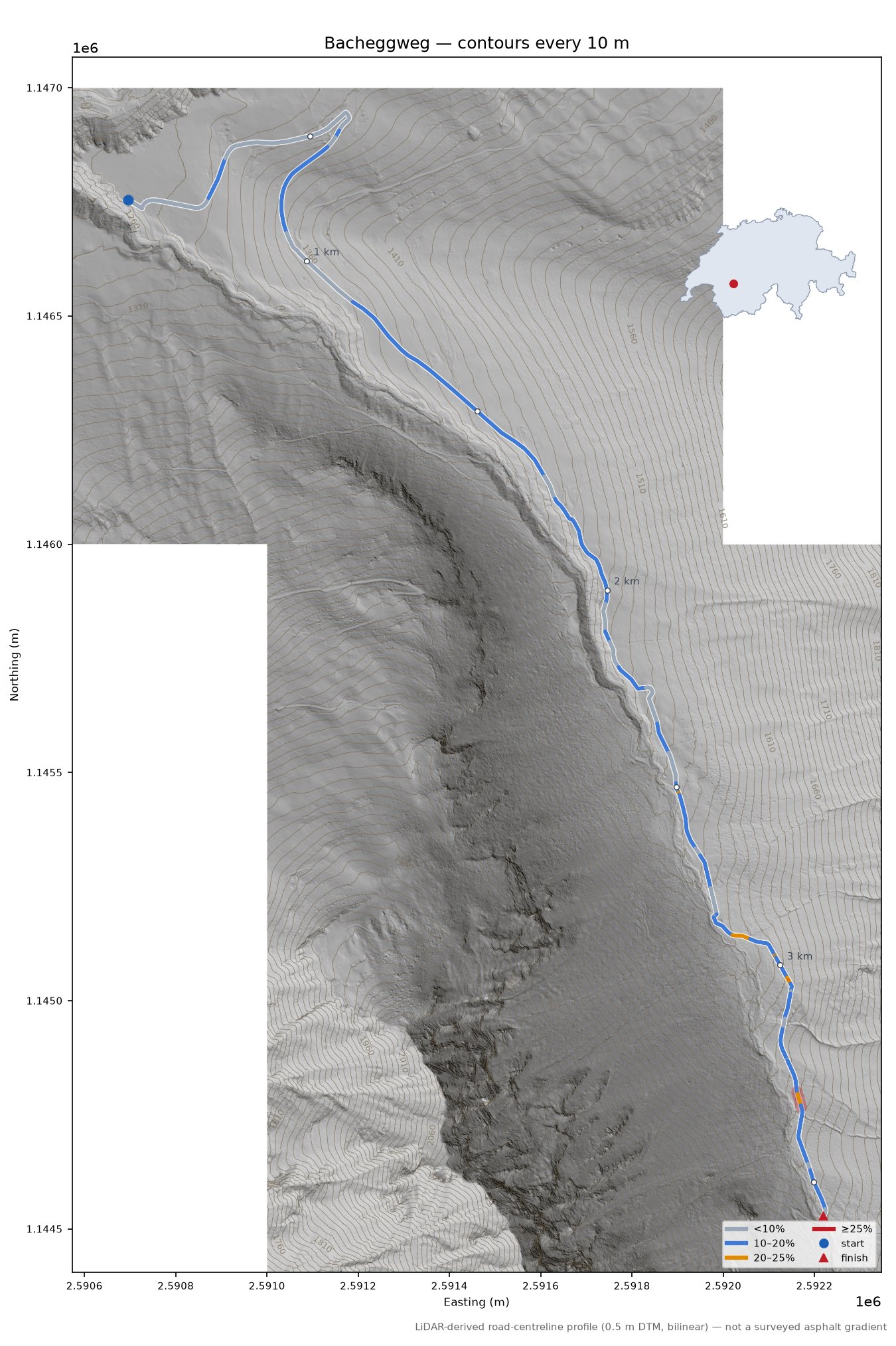 Bacheggweg LiDAR hillshade map with contours