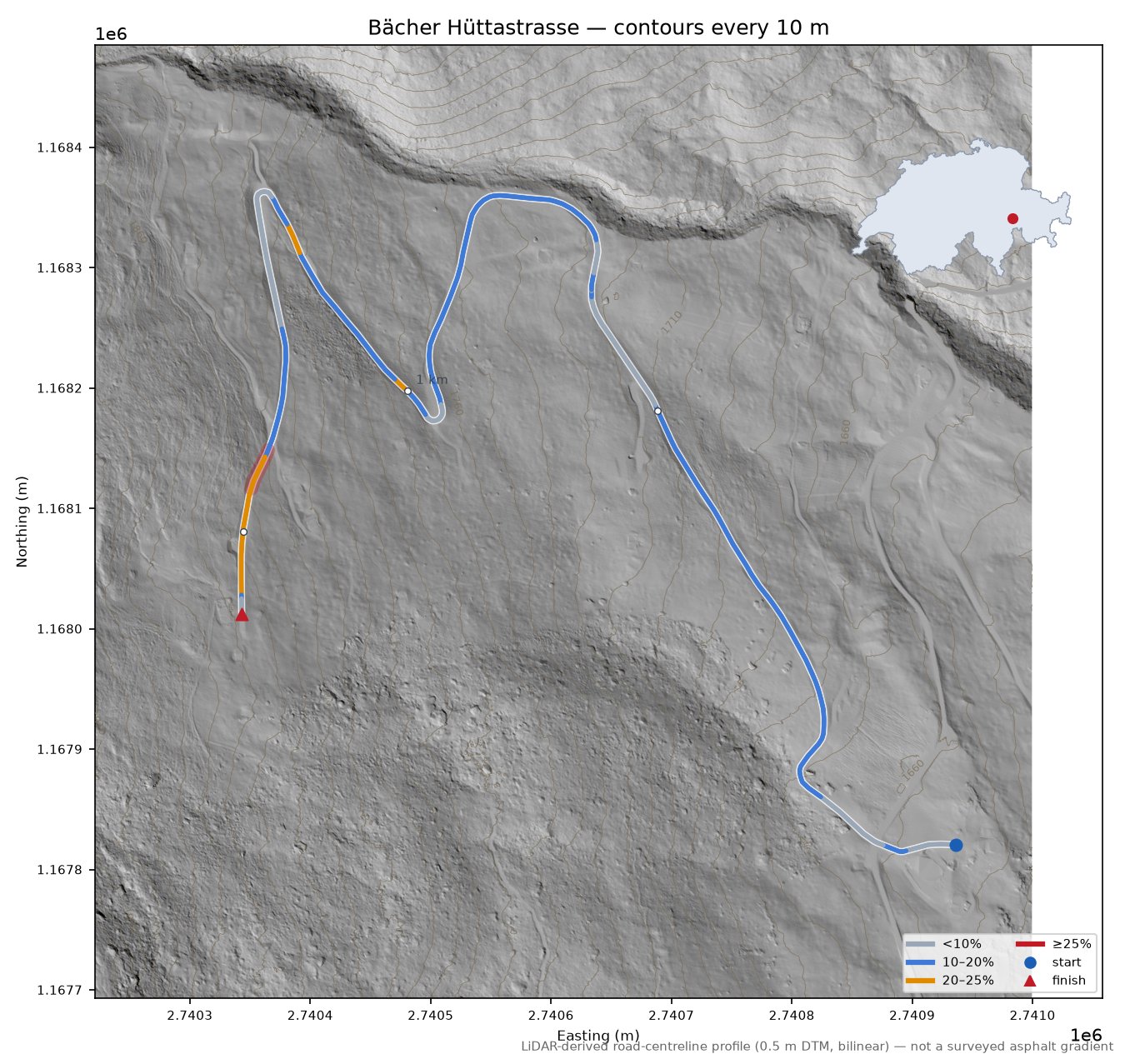 Bächer Hüttastrasse LiDAR hillshade map with contours