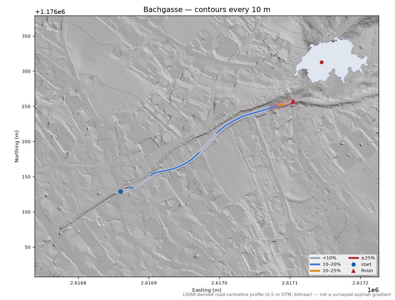 Bachgasse LiDAR hillshade map with contours