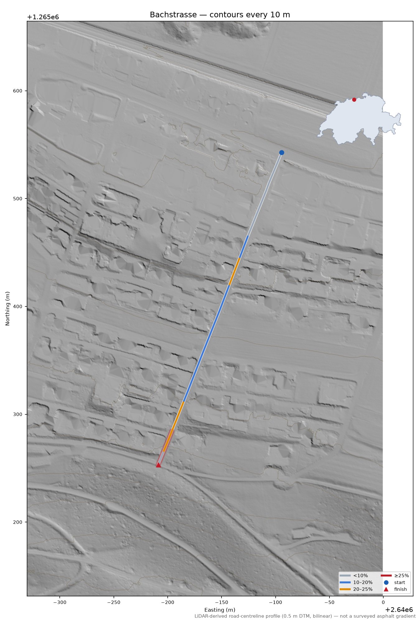Bachstrasse LiDAR hillshade map with contours