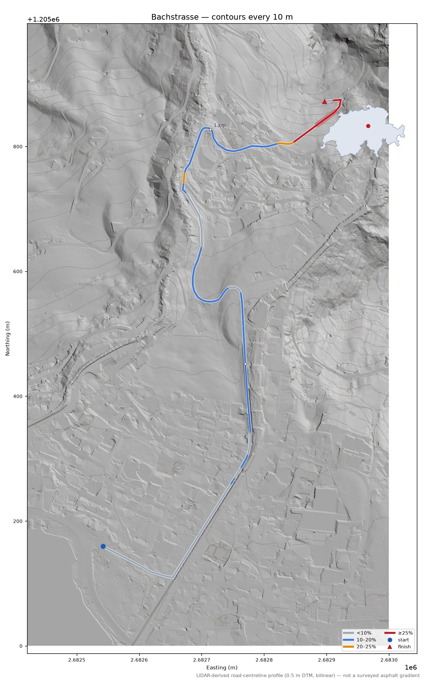 Bachstrasse LiDAR hillshade map with contours