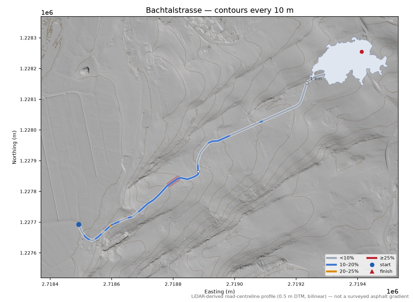 Bachtalstrasse LiDAR hillshade map with contours