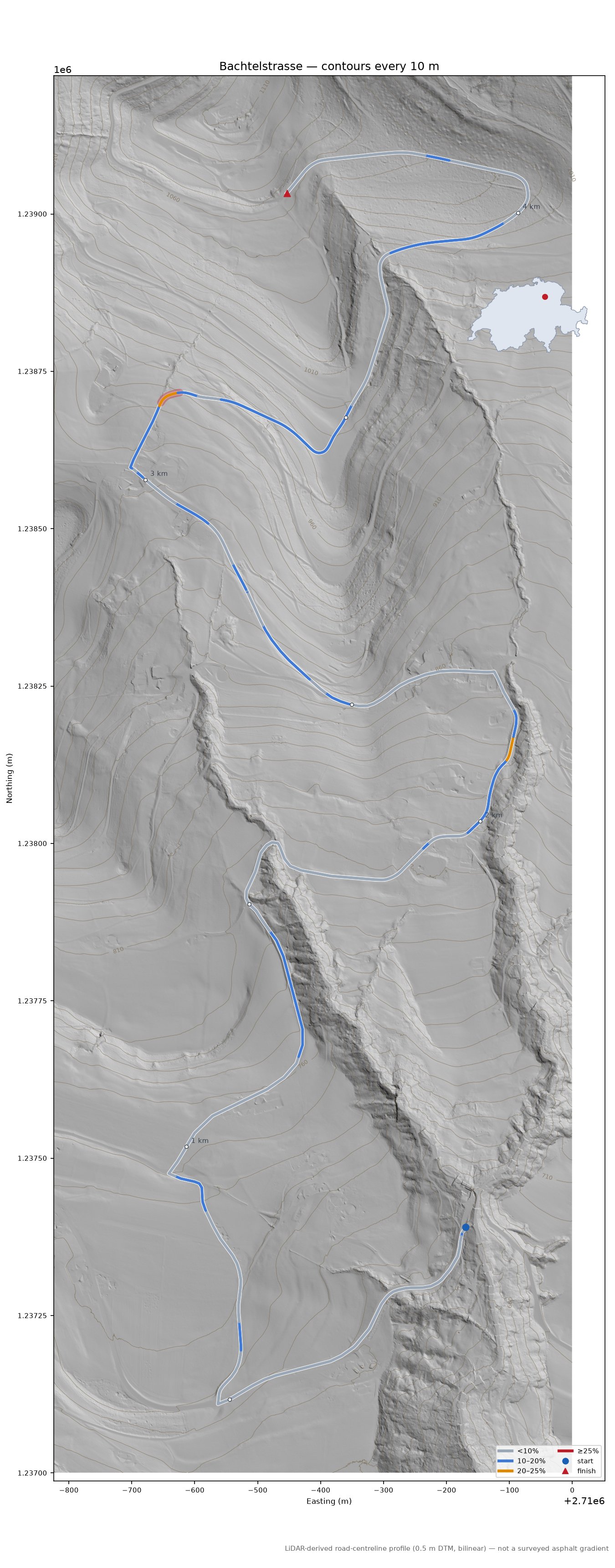Bachtelstrasse LiDAR hillshade map with contours