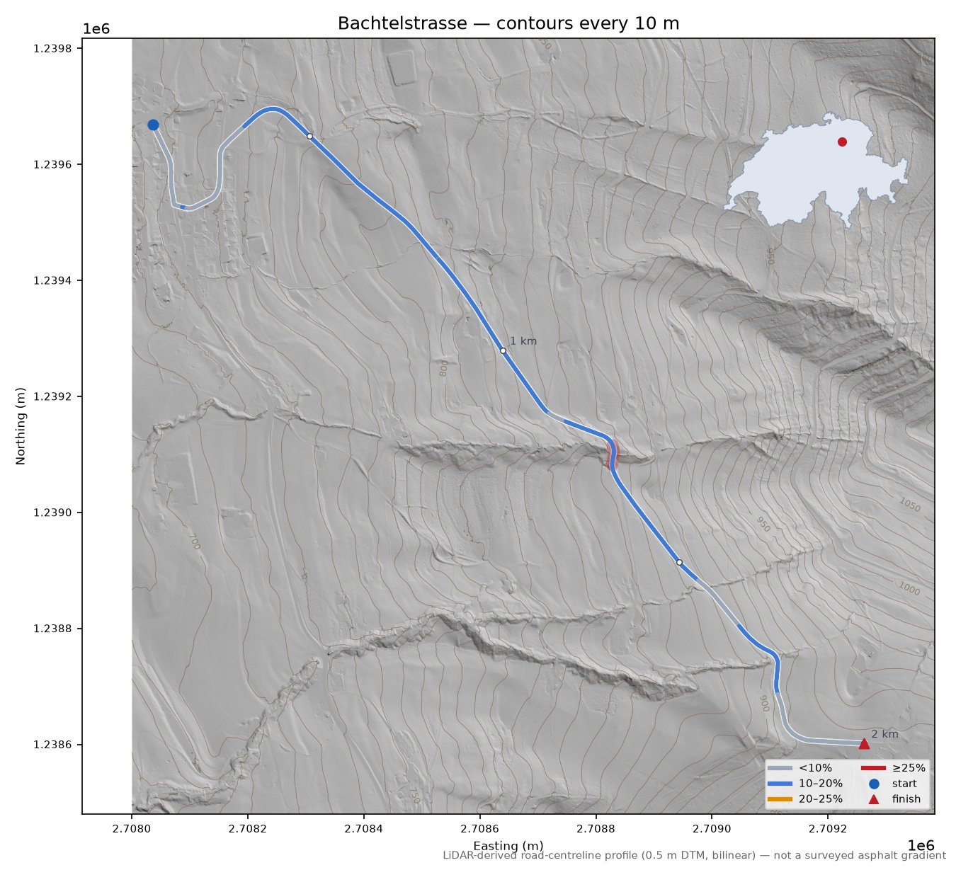 Bachtelstrasse LiDAR hillshade map with contours