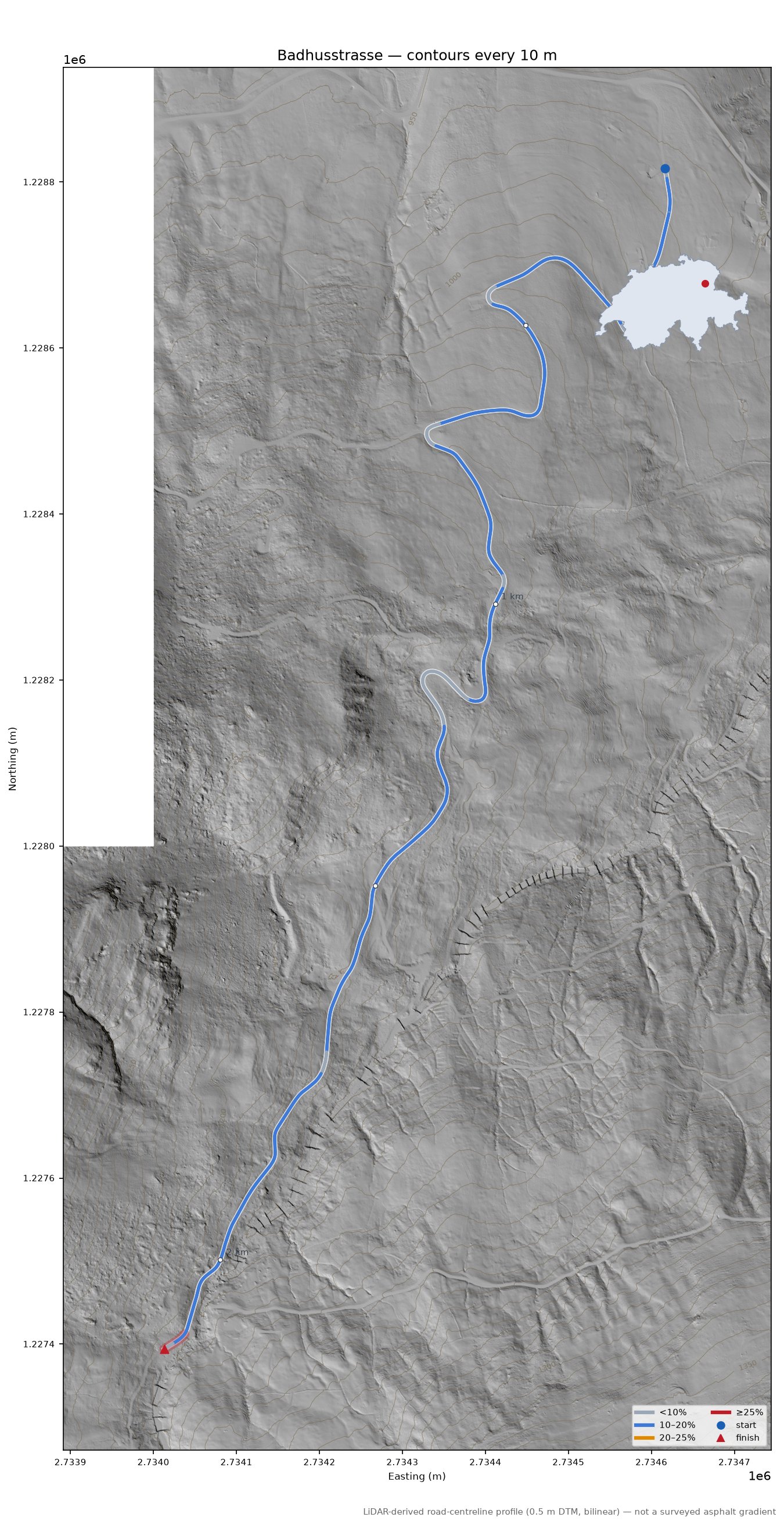 Badhusstrasse LiDAR hillshade map with contours