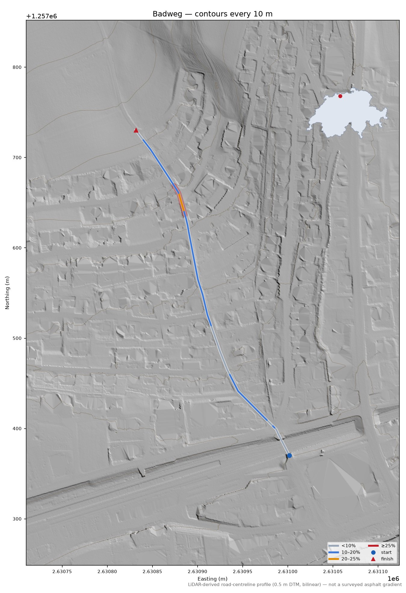Badweg LiDAR hillshade map with contours