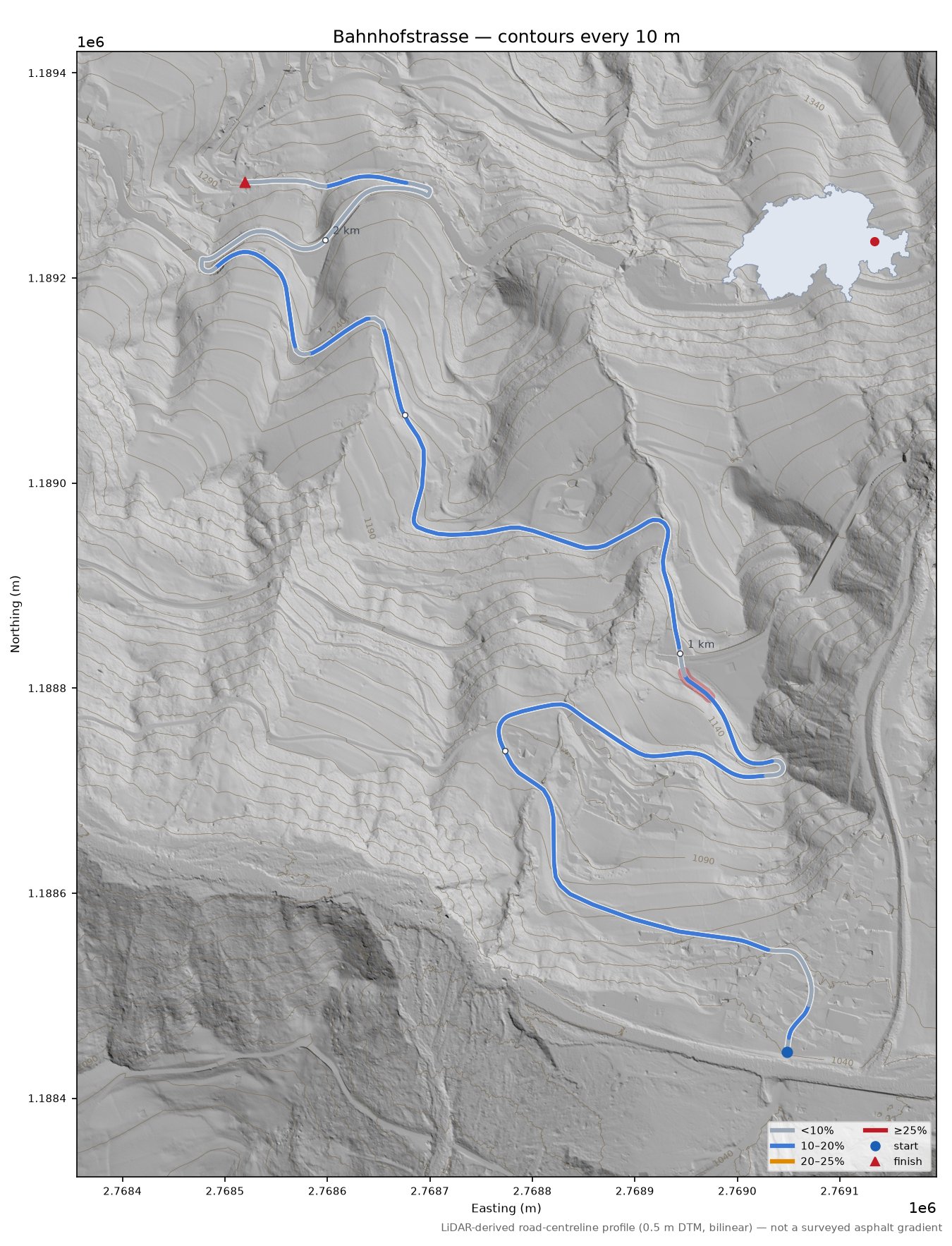 Bahnhofstrasse LiDAR hillshade map with contours