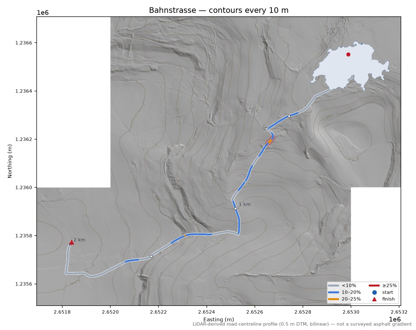 Bahnstrasse LiDAR hillshade map with contours