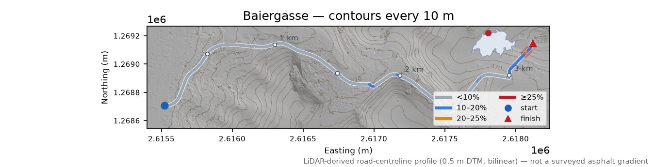 Baiergasse LiDAR hillshade map with contours
