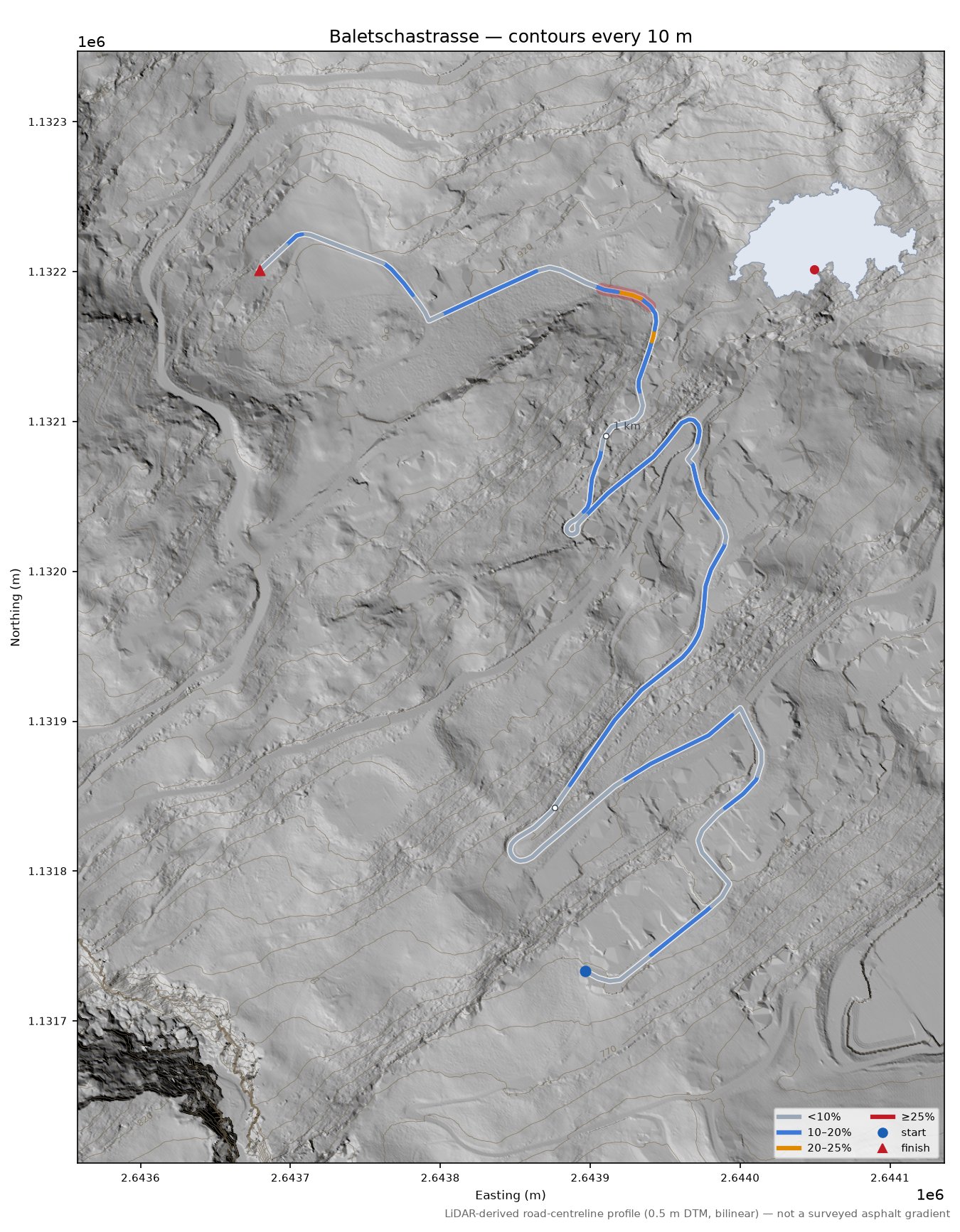 Baletschastrasse LiDAR hillshade map with contours