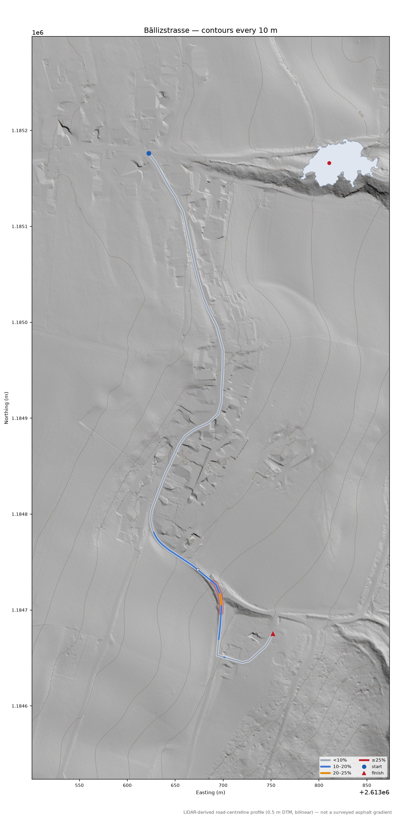 Bällizstrasse LiDAR hillshade map with contours