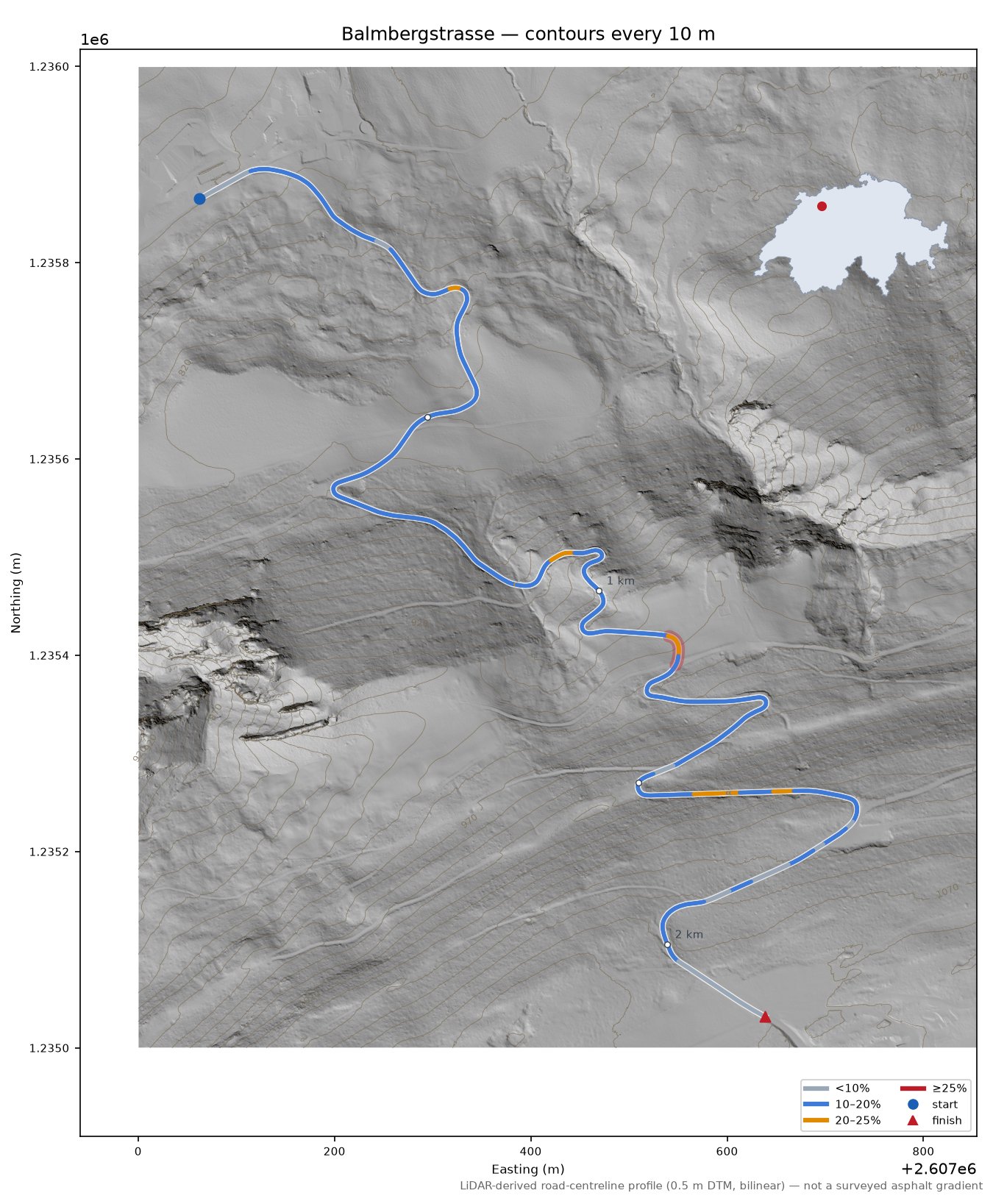 Balmbergstrasse LiDAR hillshade map with contours