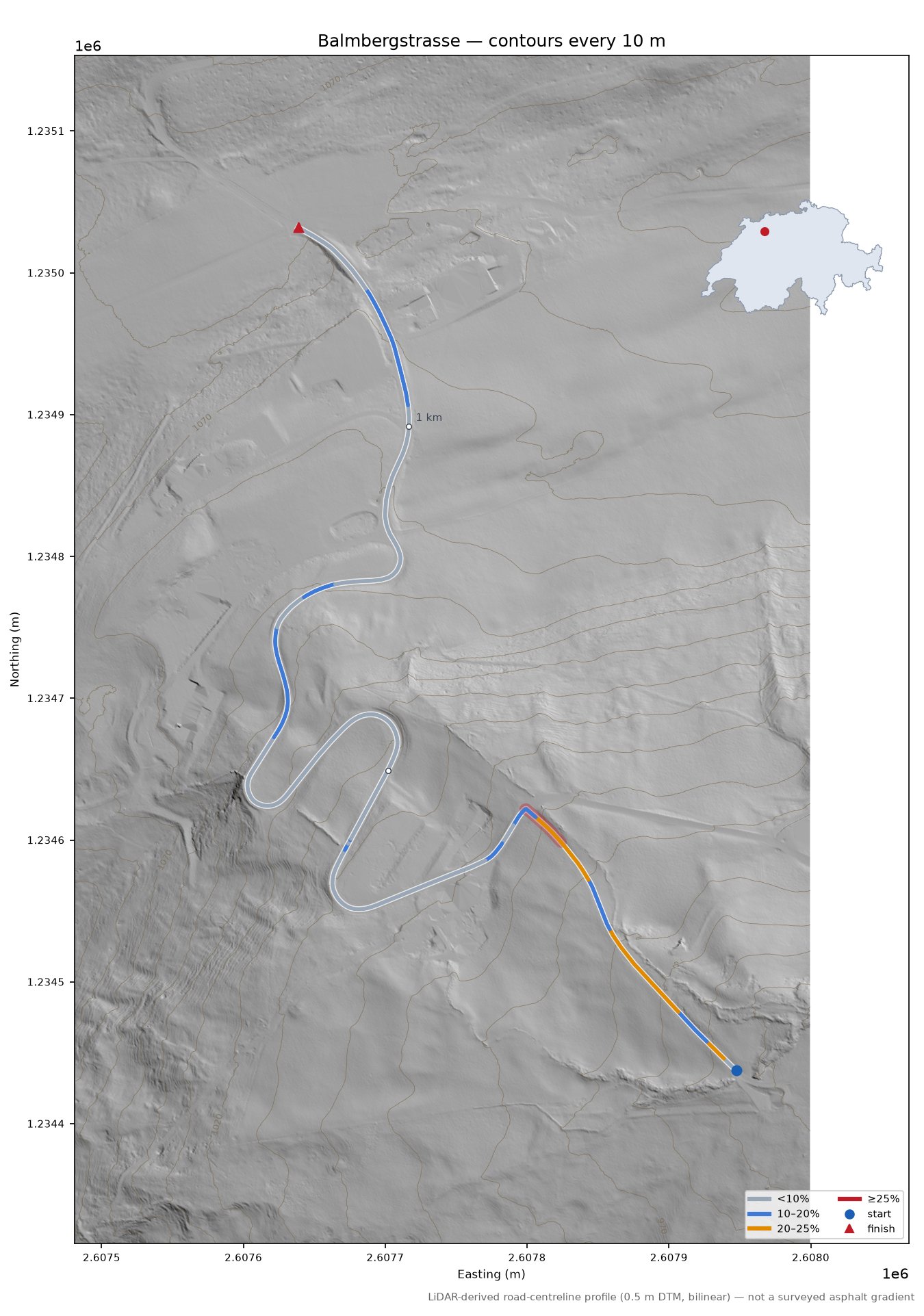 Balmbergstrasse LiDAR hillshade map with contours