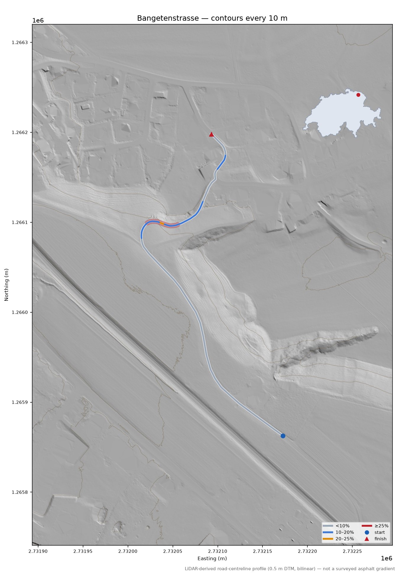 Bangetenstrasse LiDAR hillshade map with contours