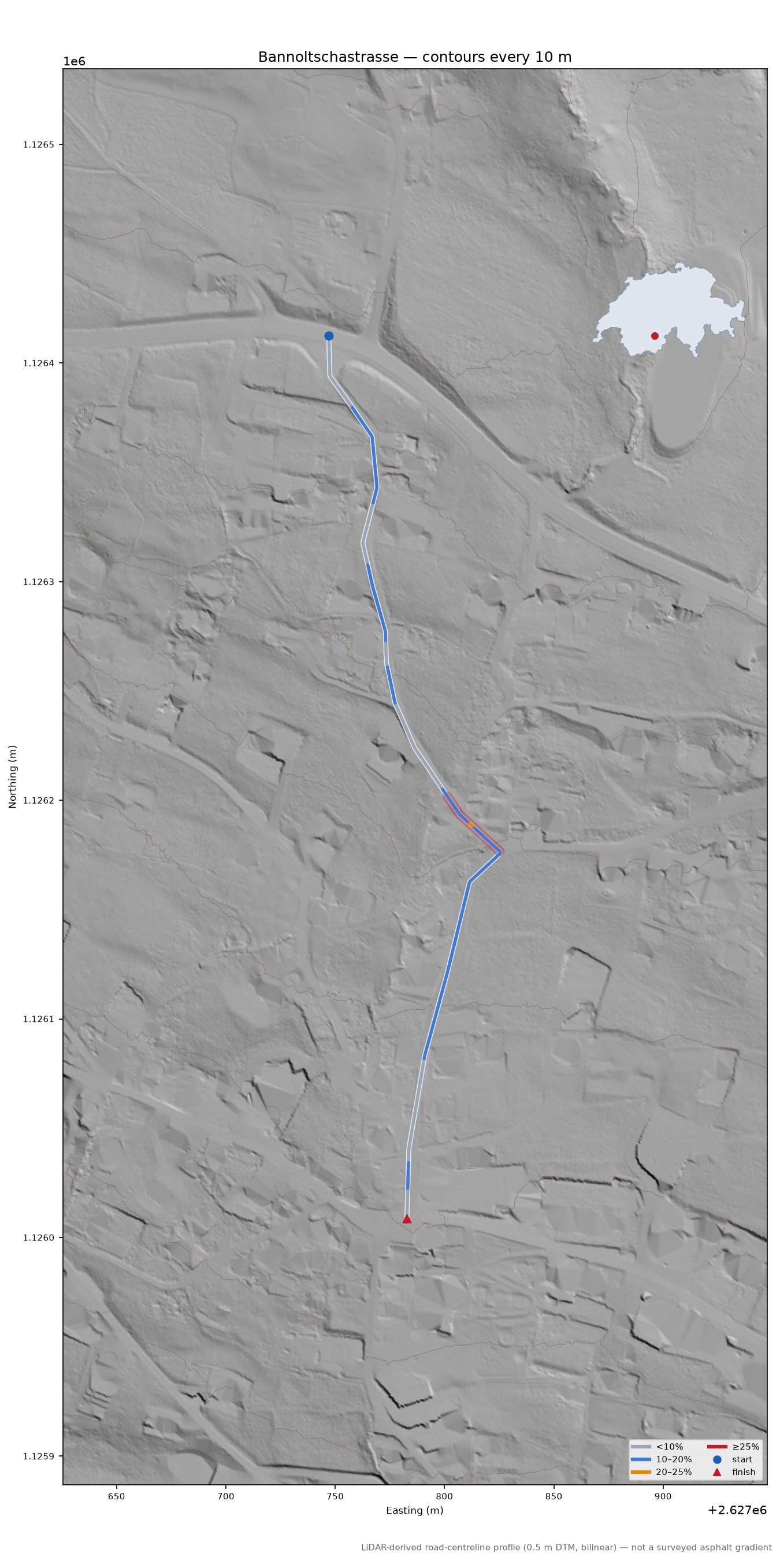 Bannoltschastrasse LiDAR hillshade map with contours