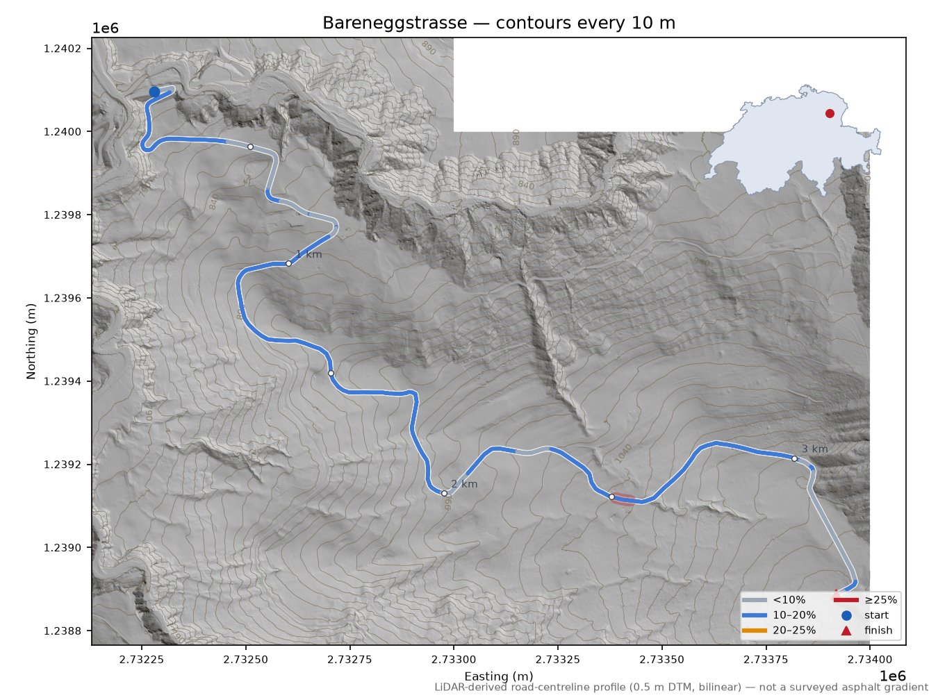 Bareneggstrasse LiDAR hillshade map with contours