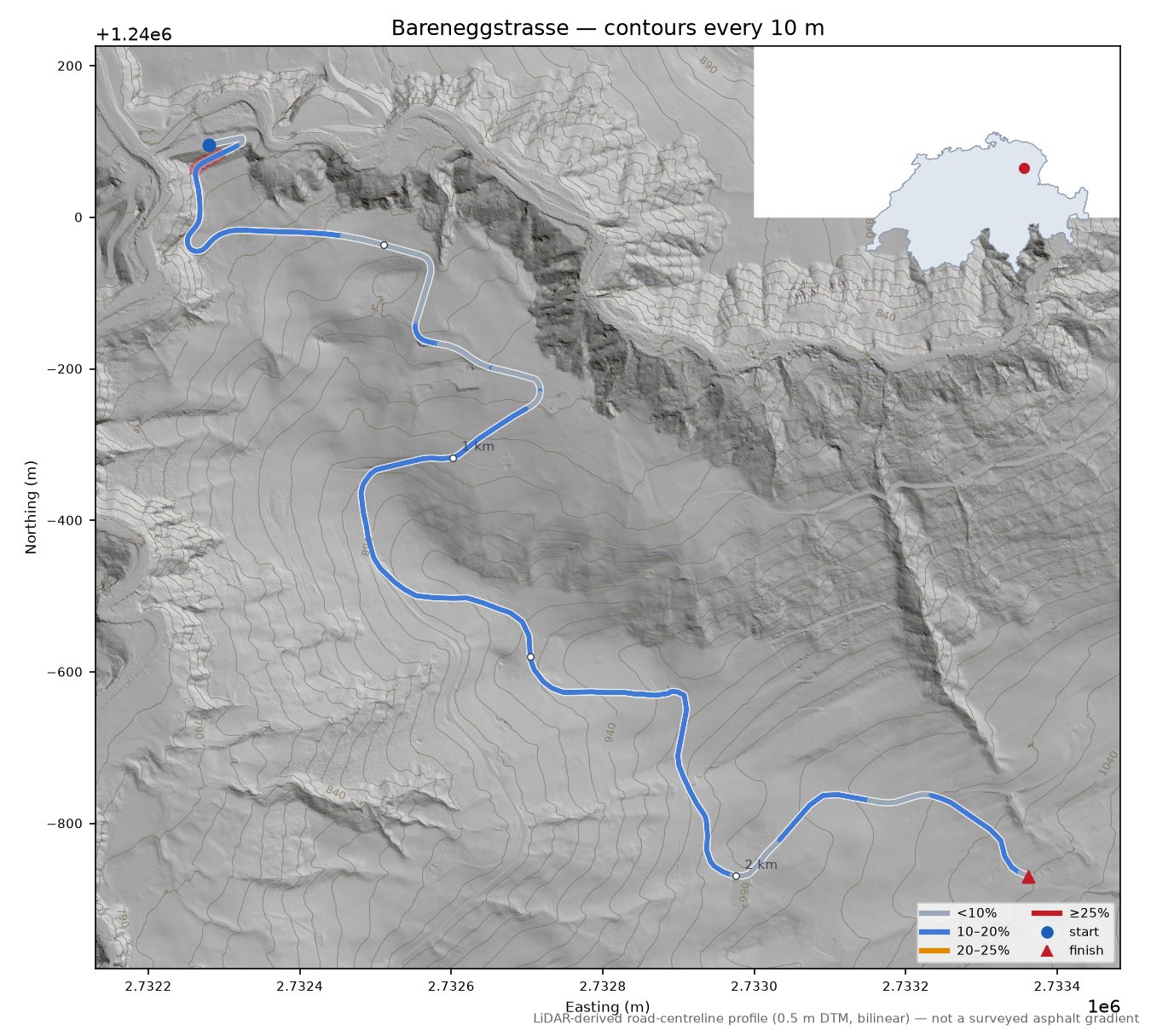 Bareneggstrasse LiDAR hillshade map with contours