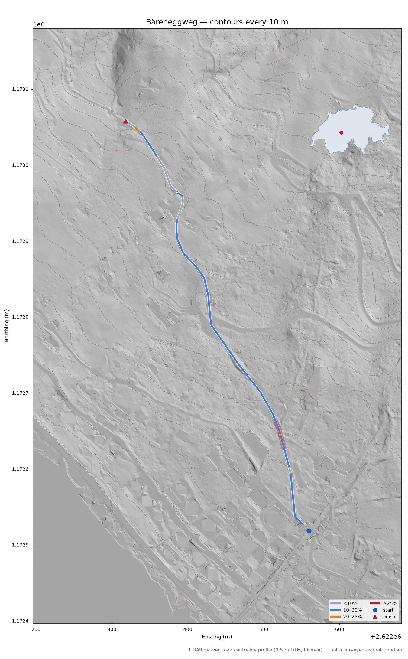 Bäreneggweg LiDAR hillshade map with contours