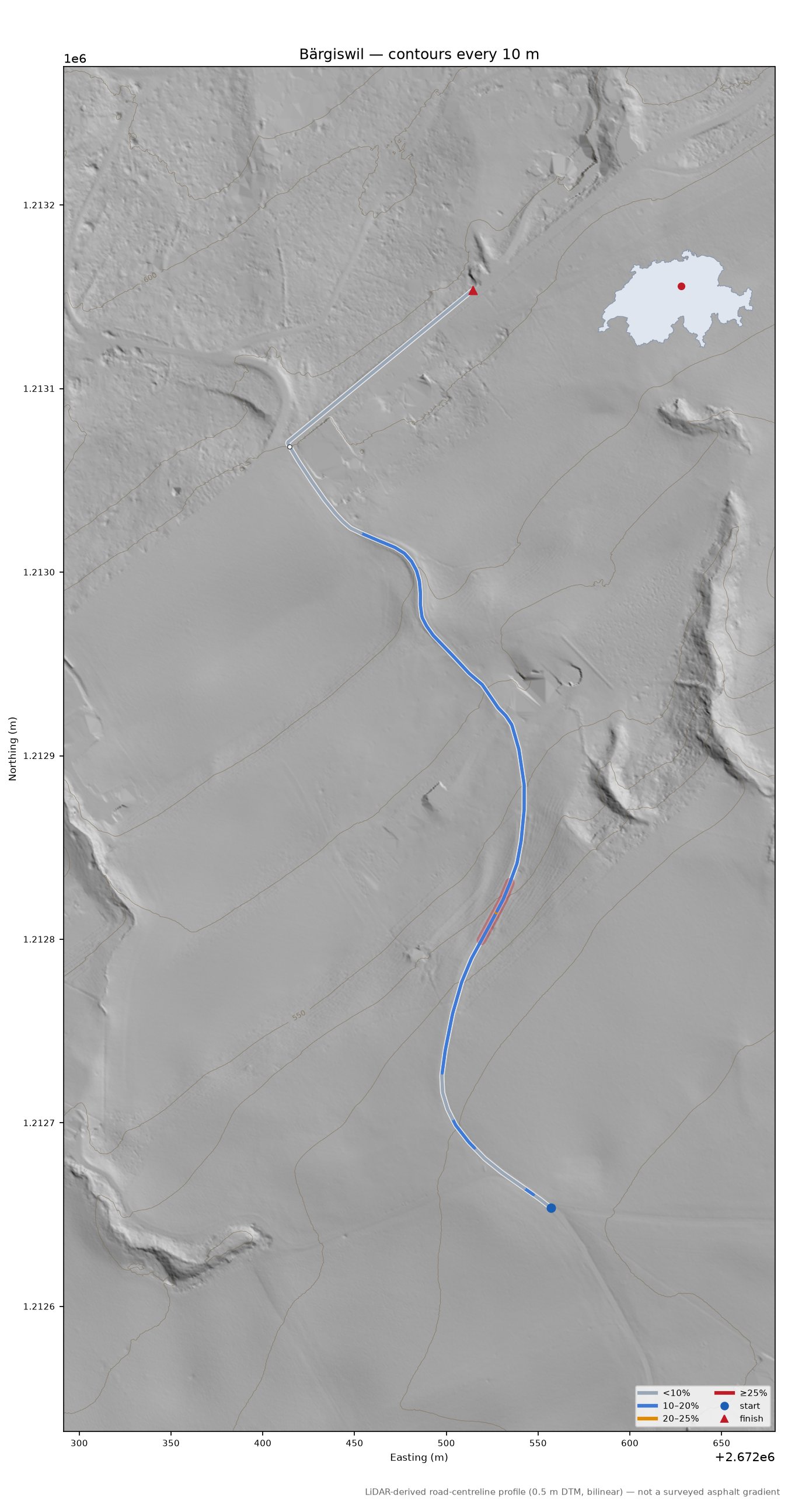 Bärgiswil LiDAR hillshade map with contours