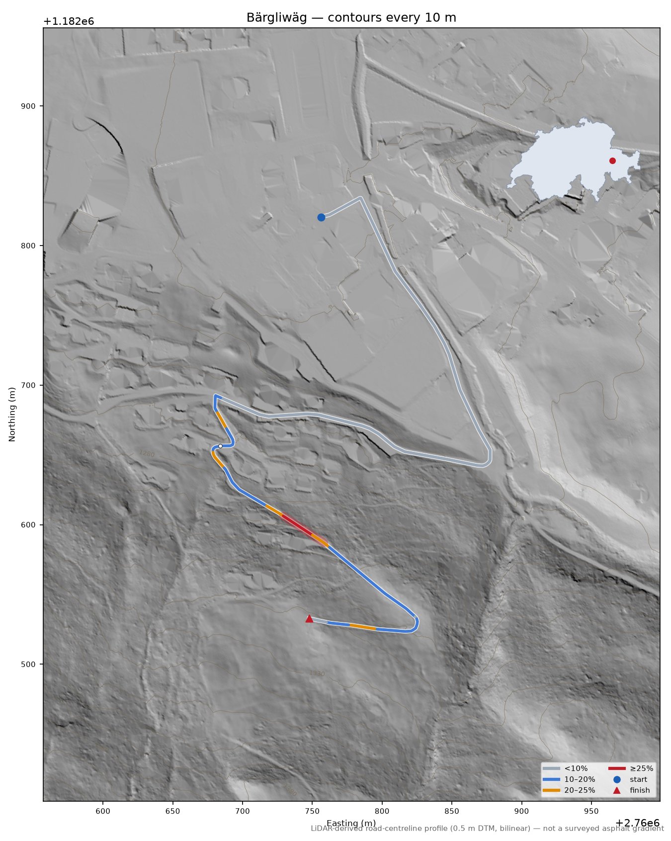 Bärgliwäg LiDAR hillshade map with contours